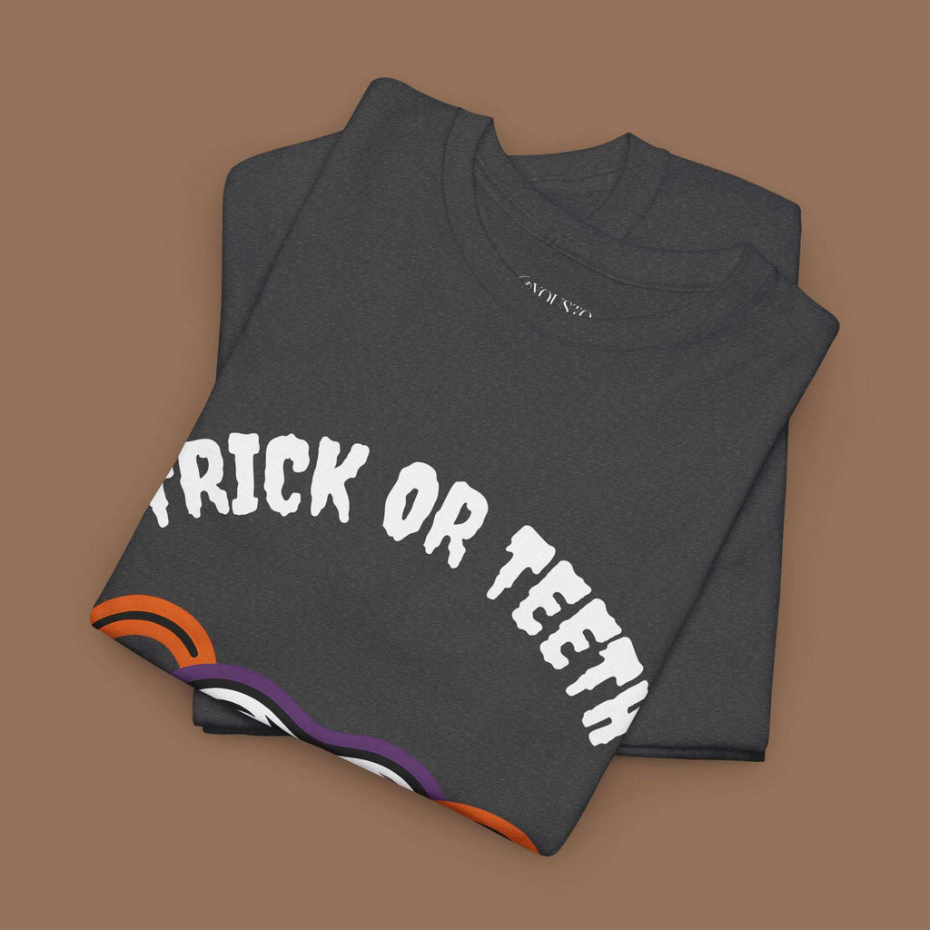 Trick or Teeth Halloween Tee, Fun Unisex T-Shirt, Cute Tooth Graphic Shirt, Perfect for Halloween Party, Kids and Adults - YOUSTOMIZE