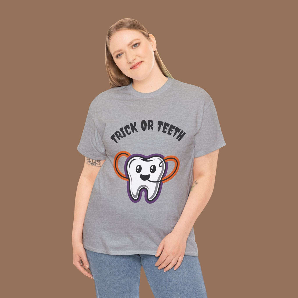 Trick or Teeth Halloween Tee, Fun Unisex T-Shirt, Cute Tooth Graphic Shirt, Perfect for Halloween Party, Kids and Adults - YOUSTOMIZE