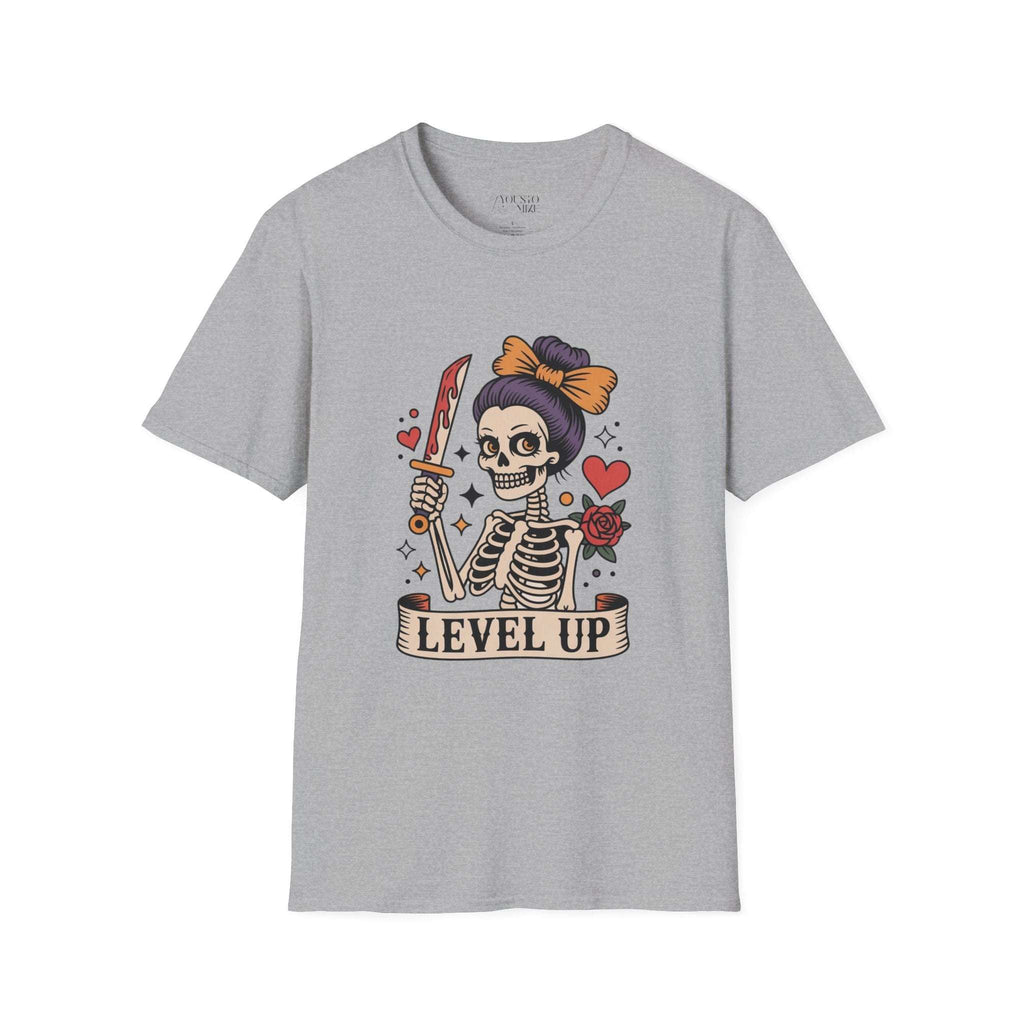Level Up Skeleton Graphic Unisex Softstyle T-Shirt, Cute Halloween Tee, Gift for Gamers, Spooky Season Apparel, Goth Fashion Product vendor