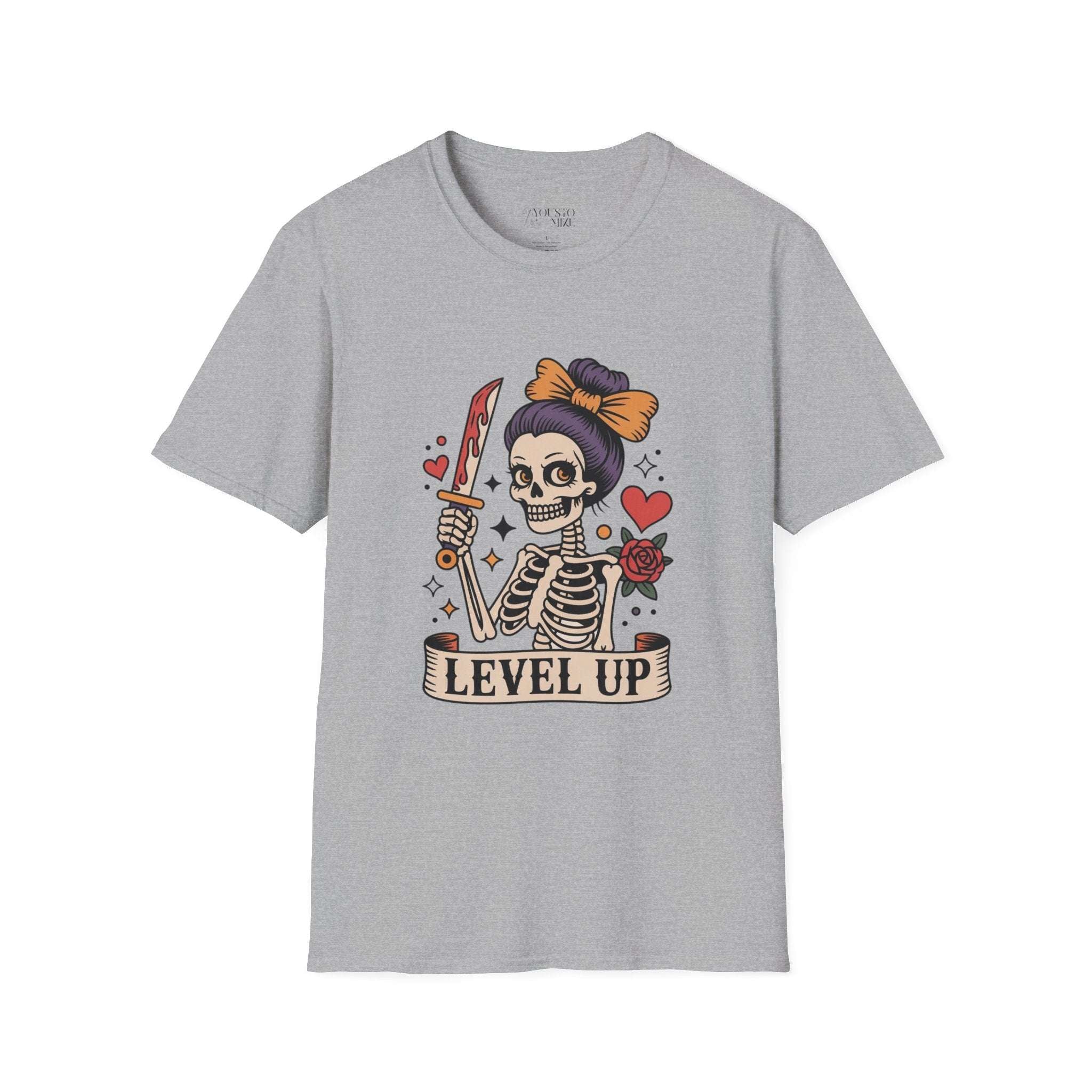 Level Up Skeleton Graphic Unisex Softstyle T-Shirt, Cute Halloween Tee, Gift for Gamers, Spooky Season Apparel, Goth Fashion Product vendor