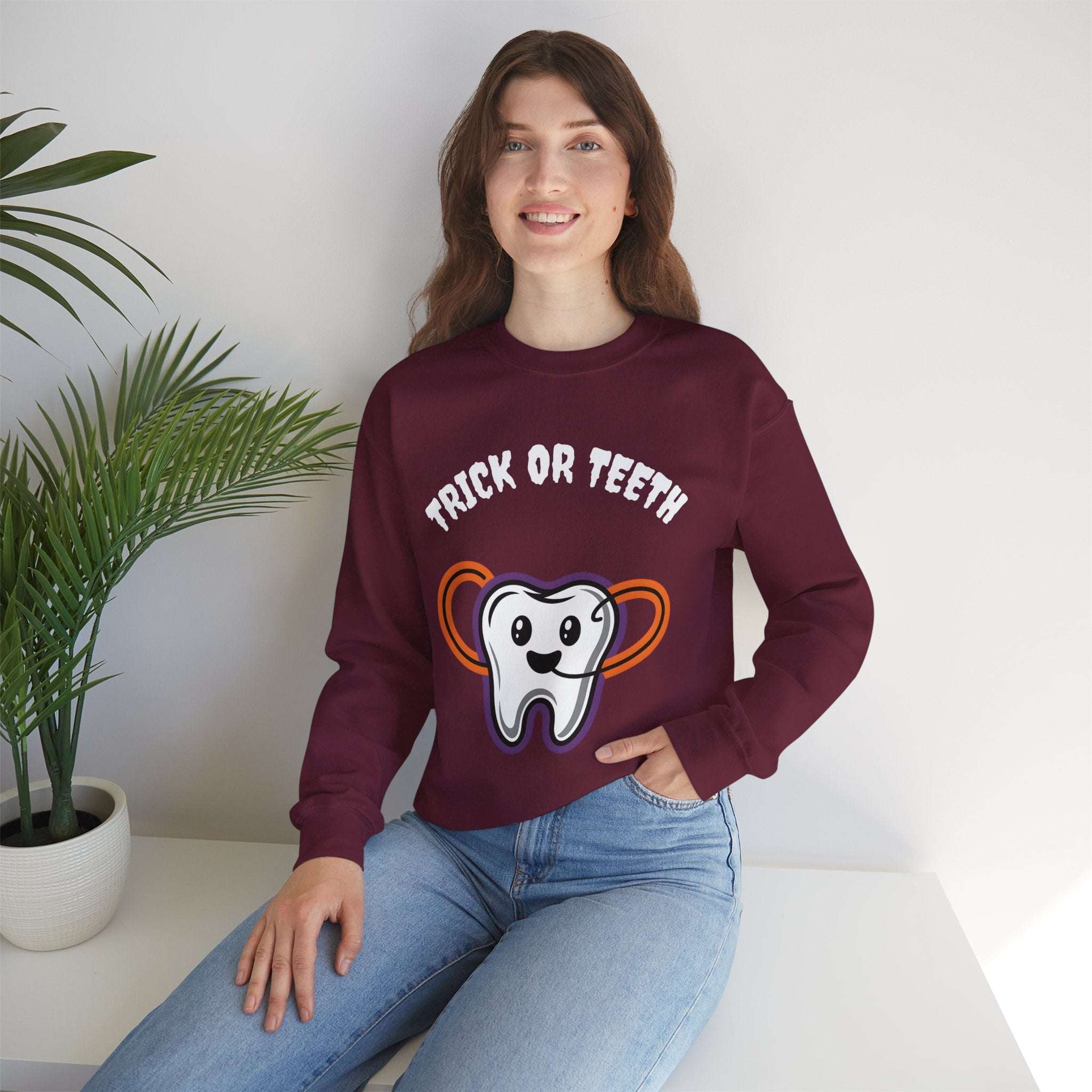 Halloween Sweatshirt with Trick or Teeth Design, Funny Fall Apparel, Unisex Cozy Wear, Perfect for Halloween Parties, Gift for Dental Lovers Product vendor