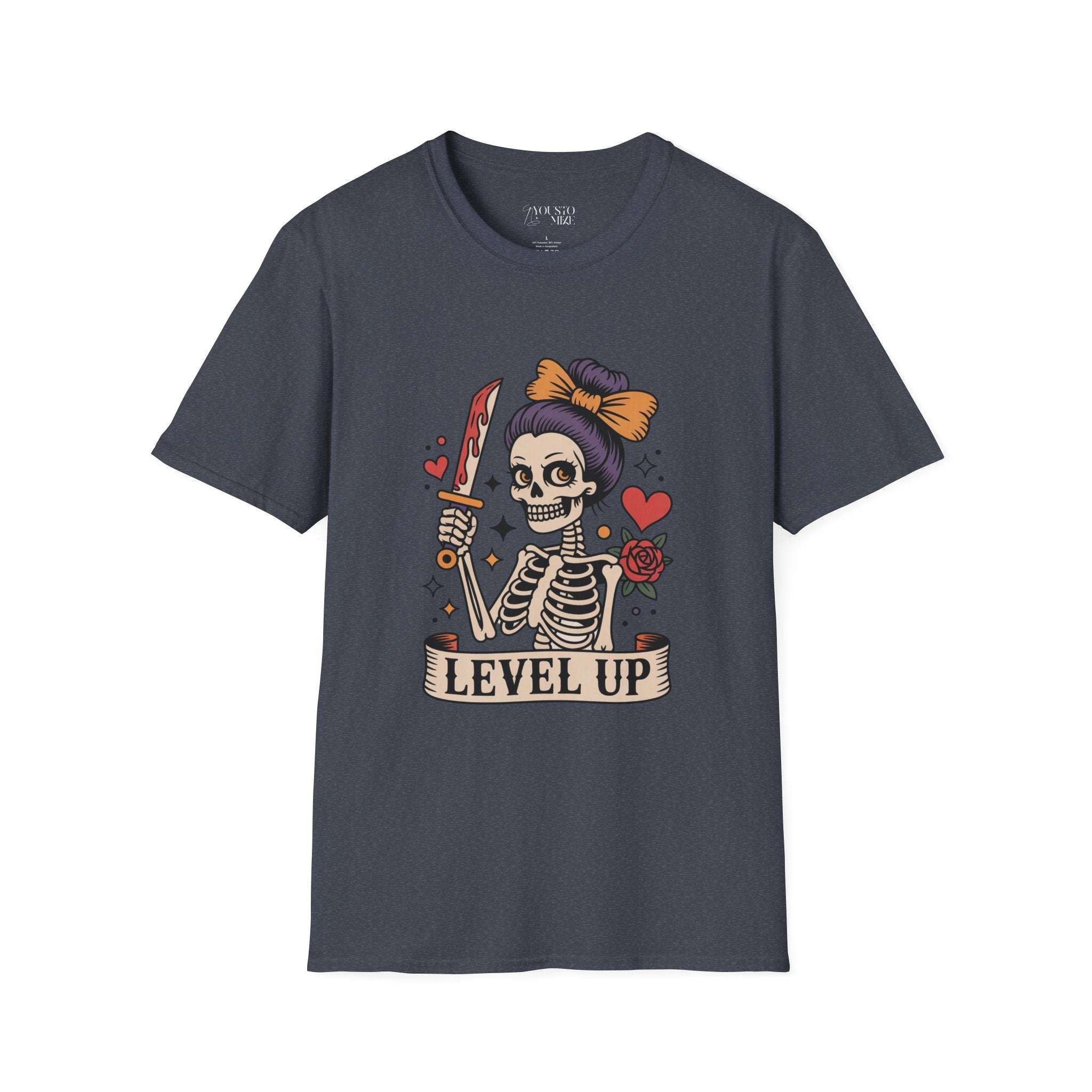 Level Up Skeleton Graphic Unisex Softstyle T-Shirt, Cute Halloween Tee, Gift for Gamers, Spooky Season Apparel, Goth Fashion Product vendor