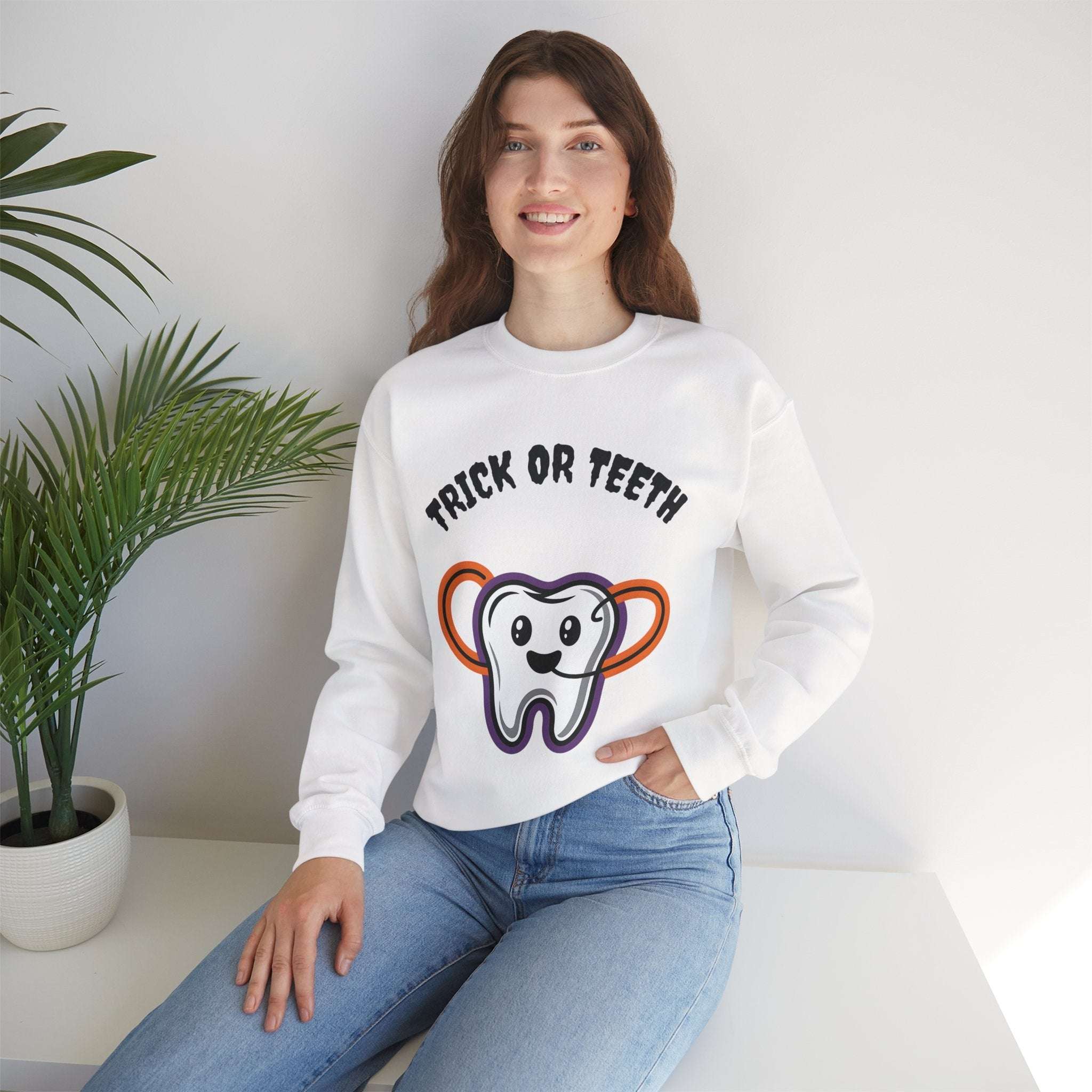 Halloween Sweatshirt with Trick or Teeth Design, Funny Fall Apparel, Unisex Cozy Wear, Perfect for Halloween Parties, Gift for Dental Lovers Product vendor