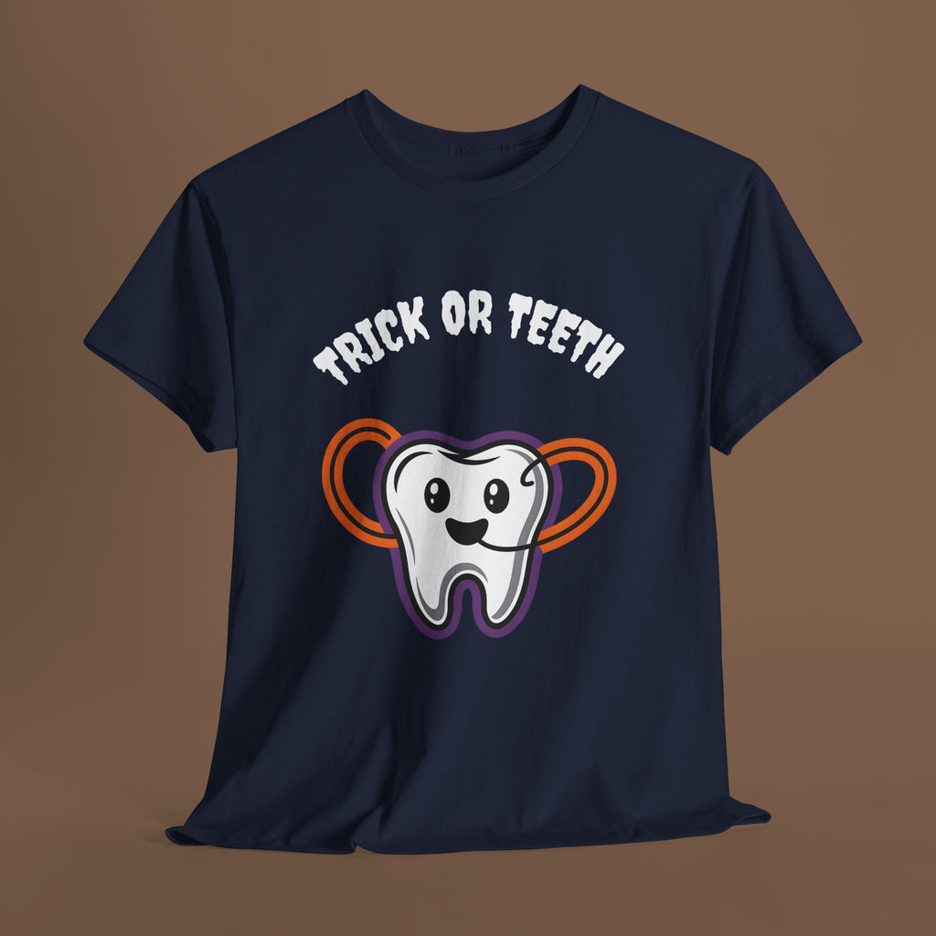 Trick or Teeth Halloween Tee, Fun Unisex T-Shirt, Cute Tooth Graphic Shirt, Perfect for Halloween Party, Kids and Adults - YOUSTOMIZE