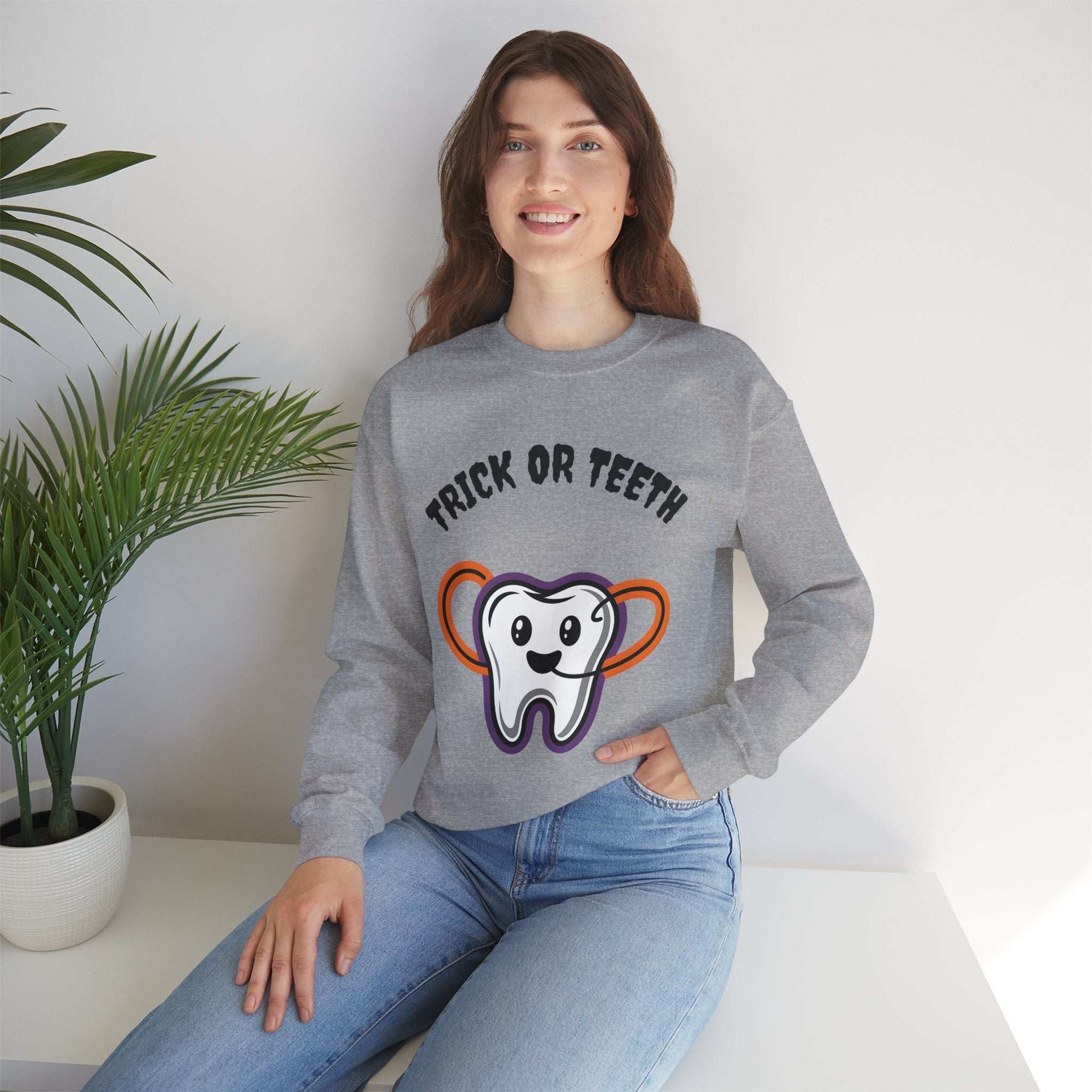 Halloween Sweatshirt with Trick or Teeth Design, Funny Fall Apparel, Unisex Cozy Wear, Perfect for Halloween Parties, Gift for Dental Lovers Product vendor