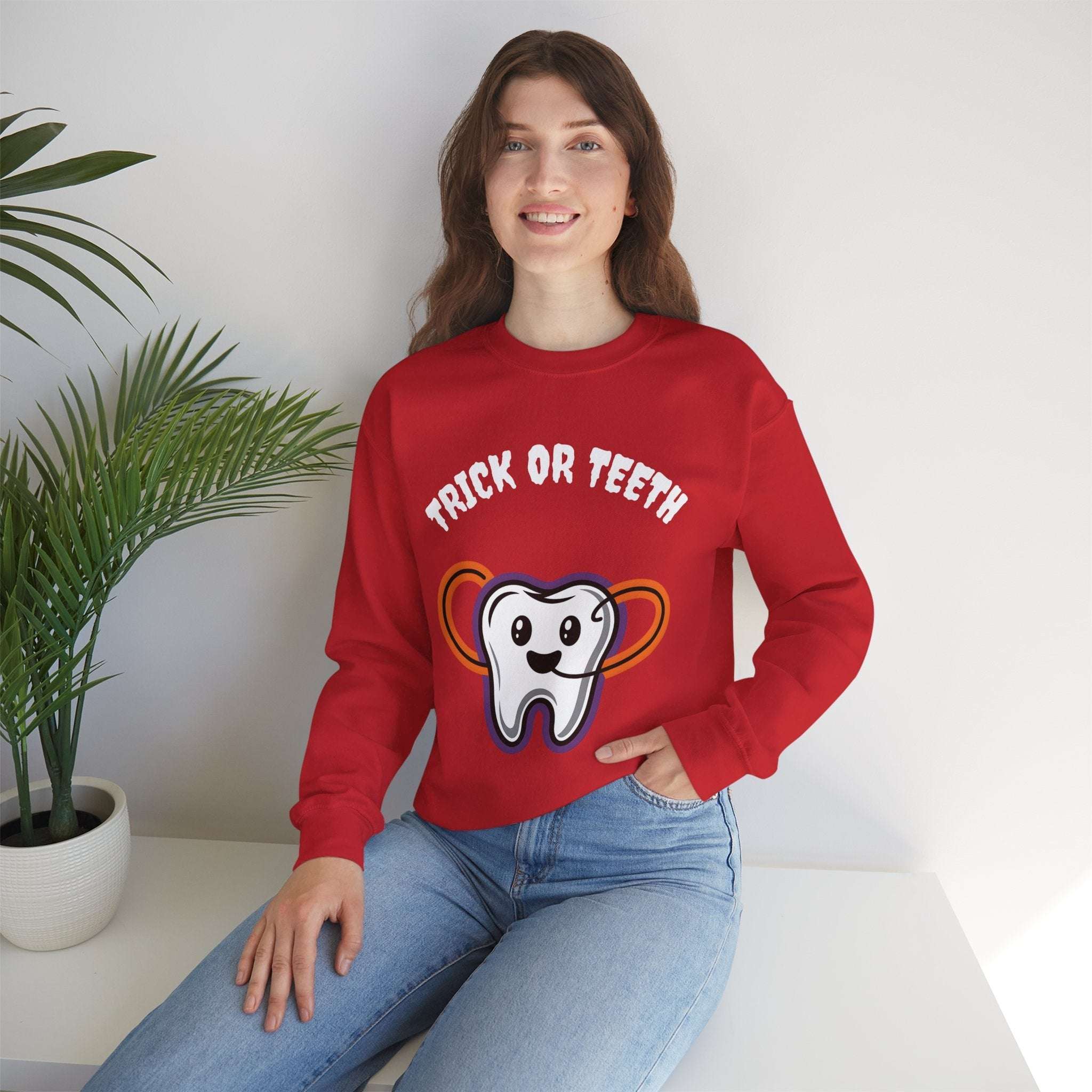 Halloween Sweatshirt with Trick or Teeth Design, Funny Fall Apparel, Unisex Cozy Wear, Perfect for Halloween Parties, Gift for Dental Lovers Product vendor