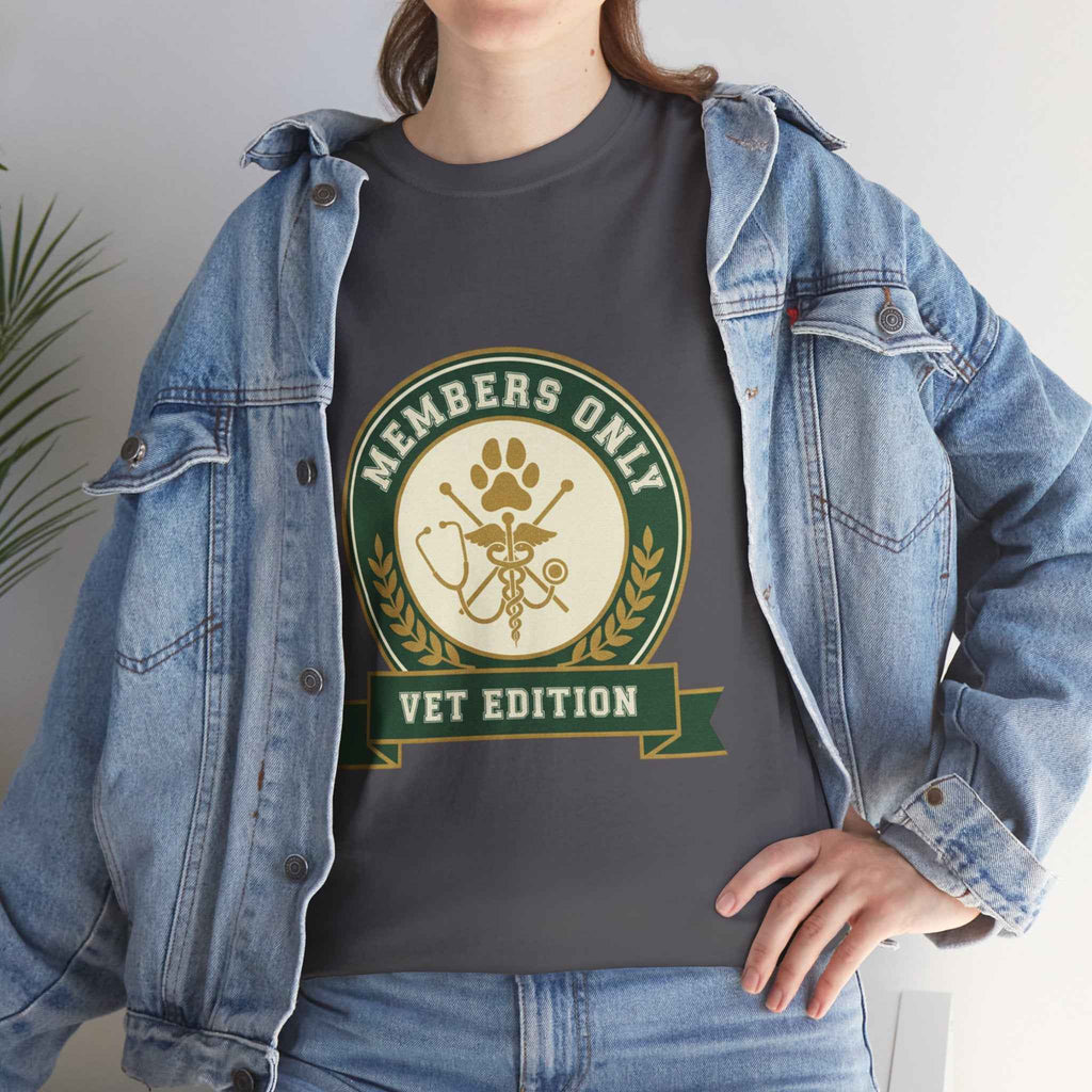 Retro Collegiate Vet Med T-Shirt - Members Only Vet Edition | Vintage Veterinary Stethoscope & Paw Print Crest