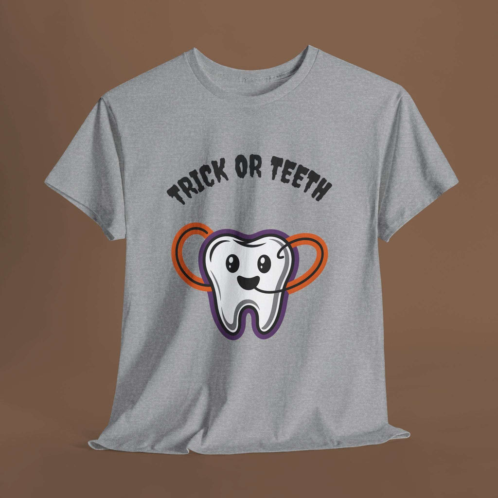 Trick or Teeth Halloween Tee, Fun Unisex T-Shirt, Cute Tooth Graphic Shirt, Perfect for Halloween Party, Kids and Adults - YOUSTOMIZE