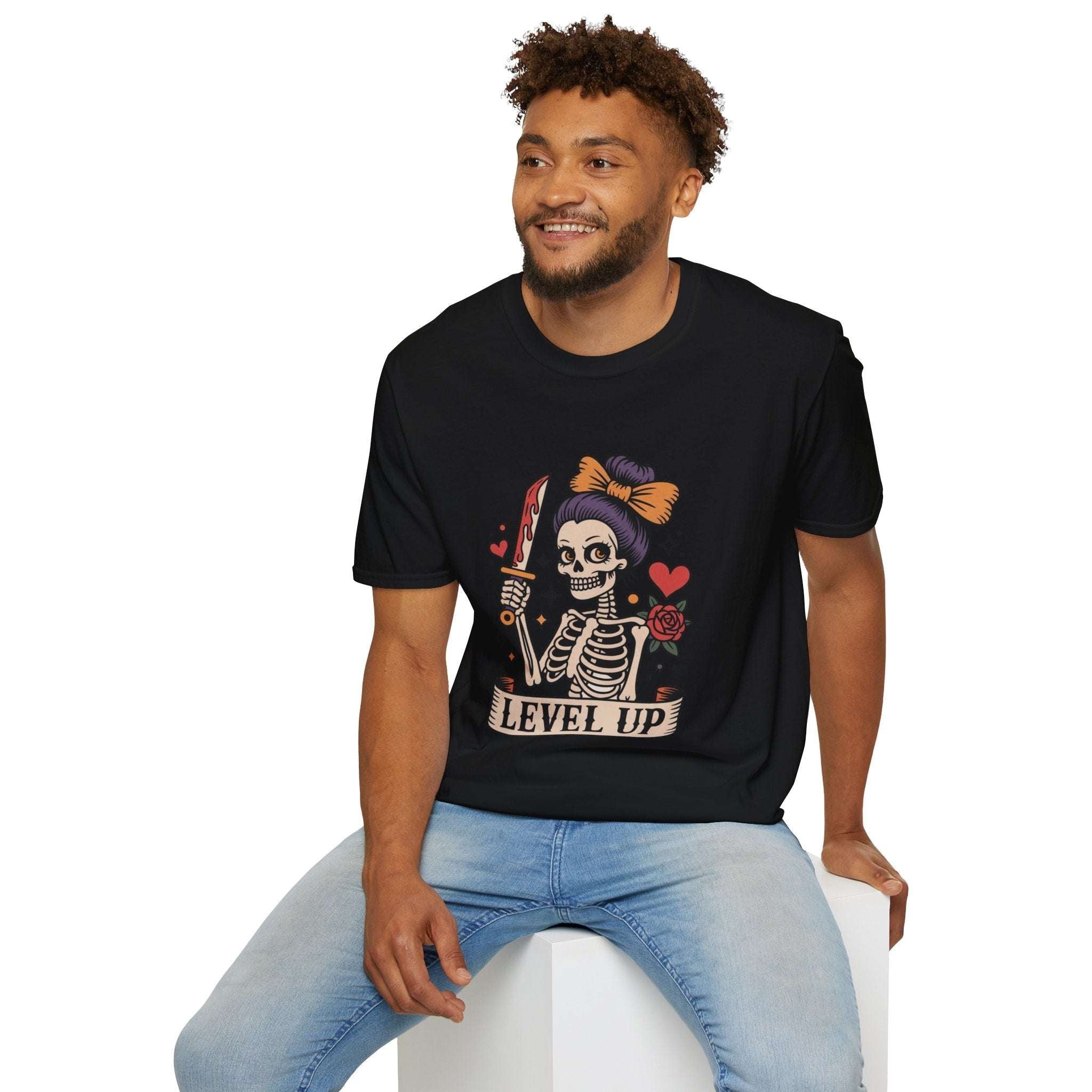 Level Up Skeleton Graphic Unisex Softstyle T-Shirt, Cute Halloween Tee, Gift for Gamers, Spooky Season Apparel, Goth Fashion Product vendor