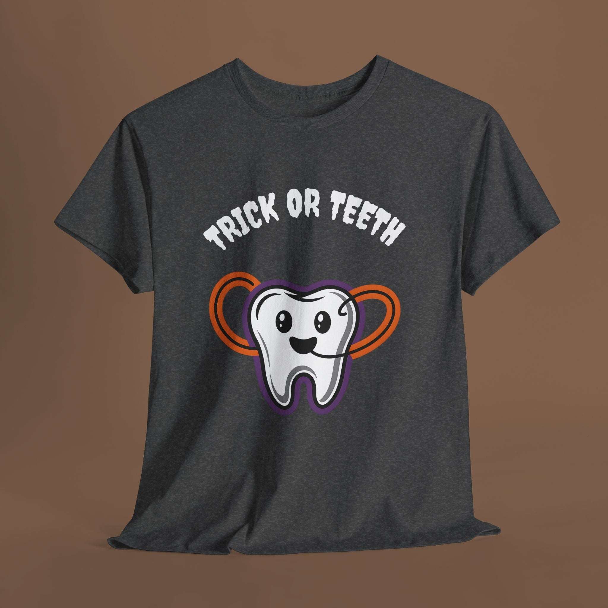 Trick or Teeth Halloween Tee, Fun Unisex T-Shirt, Cute Tooth Graphic Shirt, Perfect for Halloween Party, Kids and Adults - YOUSTOMIZE