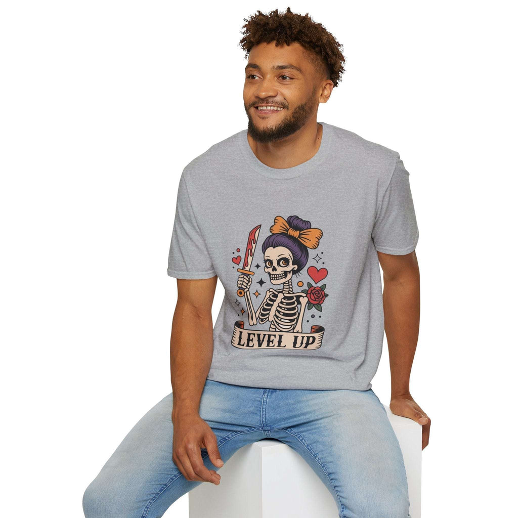Level Up Skeleton Graphic Unisex Softstyle T-Shirt, Cute Halloween Tee, Gift for Gamers, Spooky Season Apparel, Goth Fashion Product vendor