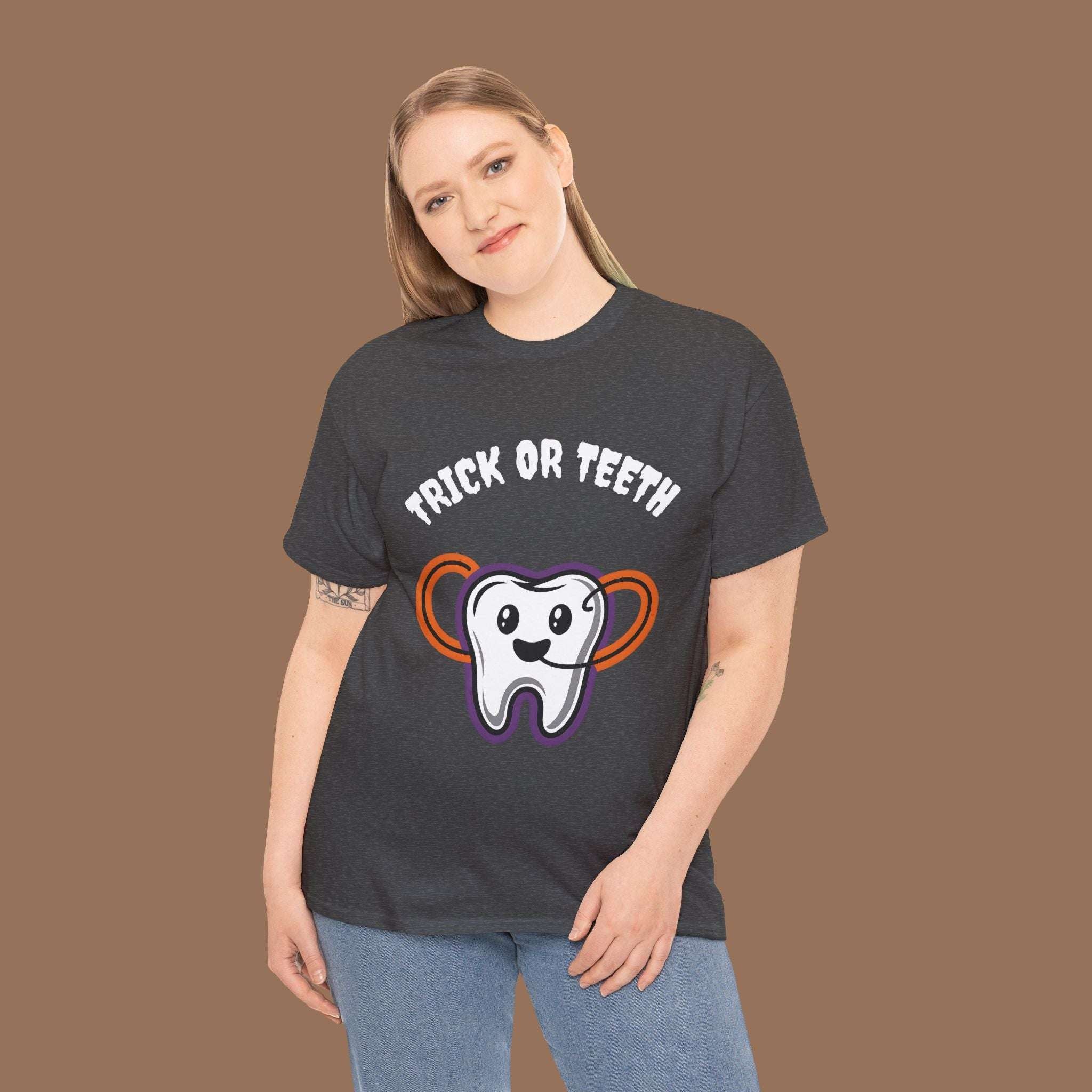 Trick or Teeth Halloween Tee, Fun Unisex T-Shirt, Cute Tooth Graphic Shirt, Perfect for Halloween Party, Kids and Adults - YOUSTOMIZE