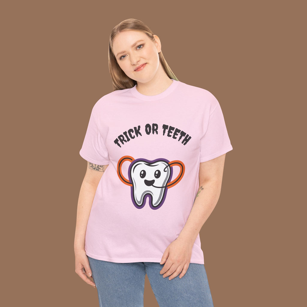 Trick or Teeth Halloween Tee, Fun Unisex T-Shirt, Cute Tooth Graphic Shirt, Perfect for Halloween Party, Kids and Adults - YOUSTOMIZE
