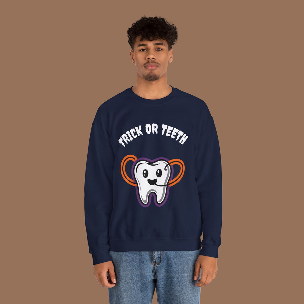 Halloween Sweatshirt with Trick or Teeth Design, Funny Fall Apparel, Unisex Cozy Wear, Perfect for Halloween Parties, Gift for Dental Lovers Product vendor