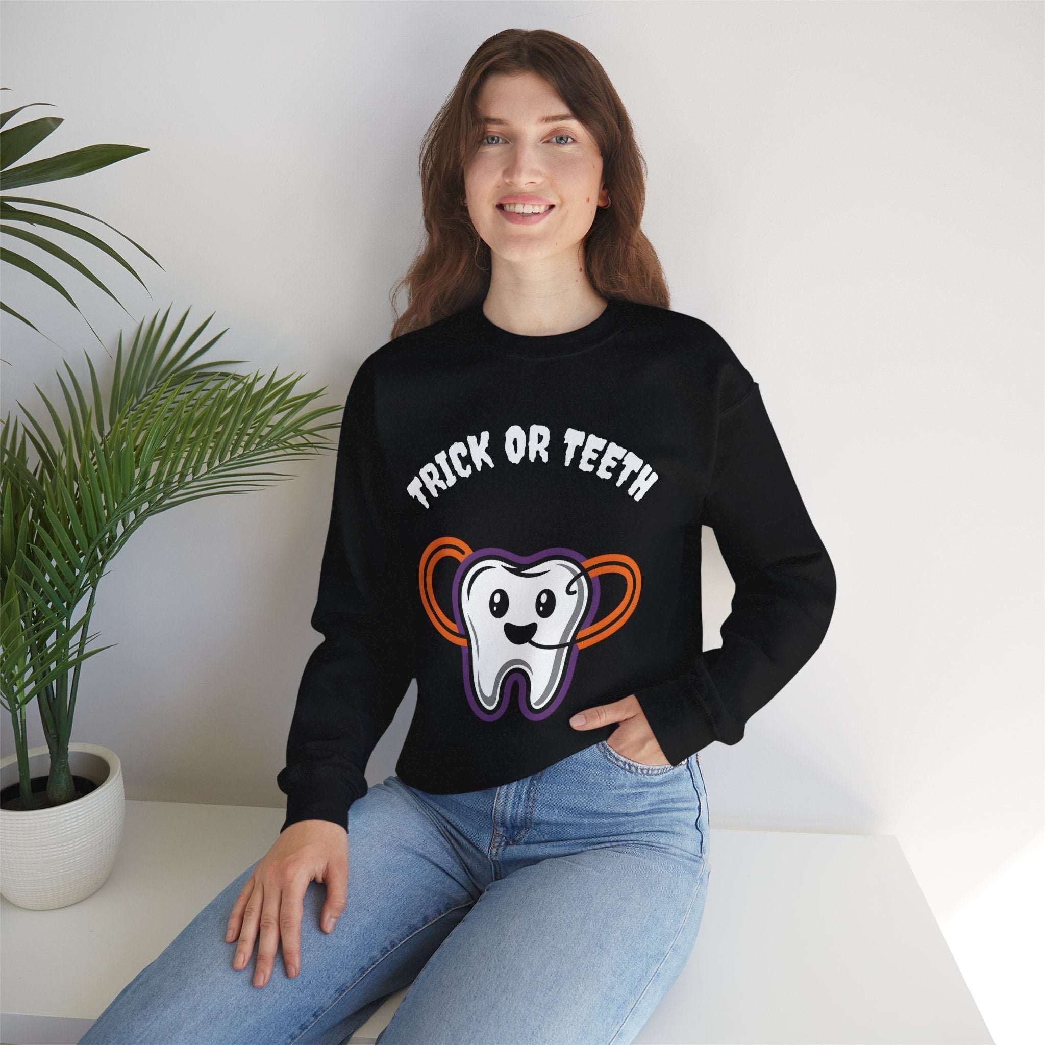 Halloween Sweatshirt with Trick or Teeth Design, Funny Fall Apparel, Unisex Cozy Wear, Perfect for Halloween Parties, Gift for Dental Lovers Product vendor