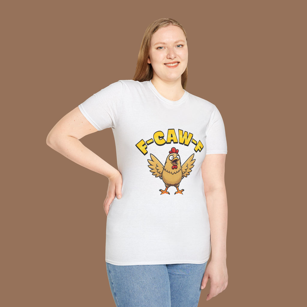 Funny Chicken F-Caw-F Unisex Softstyle T-Shirt, Gift for Poultry Lovers, Quirky Apparel, Hatch Party Tee, Humor Shirt, Farm Life Clothing - YOUSTOMIZE