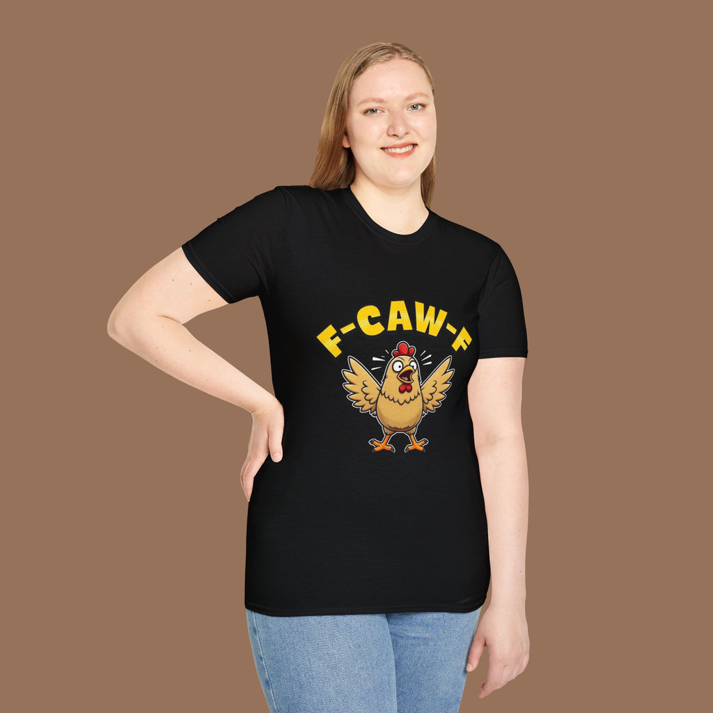 Funny Chicken F-Caw-F Unisex Softstyle T-Shirt, Gift for Poultry Lovers, Quirky Apparel, Hatch Party Tee, Humor Shirt, Farm Life Clothing - YOUSTOMIZE
