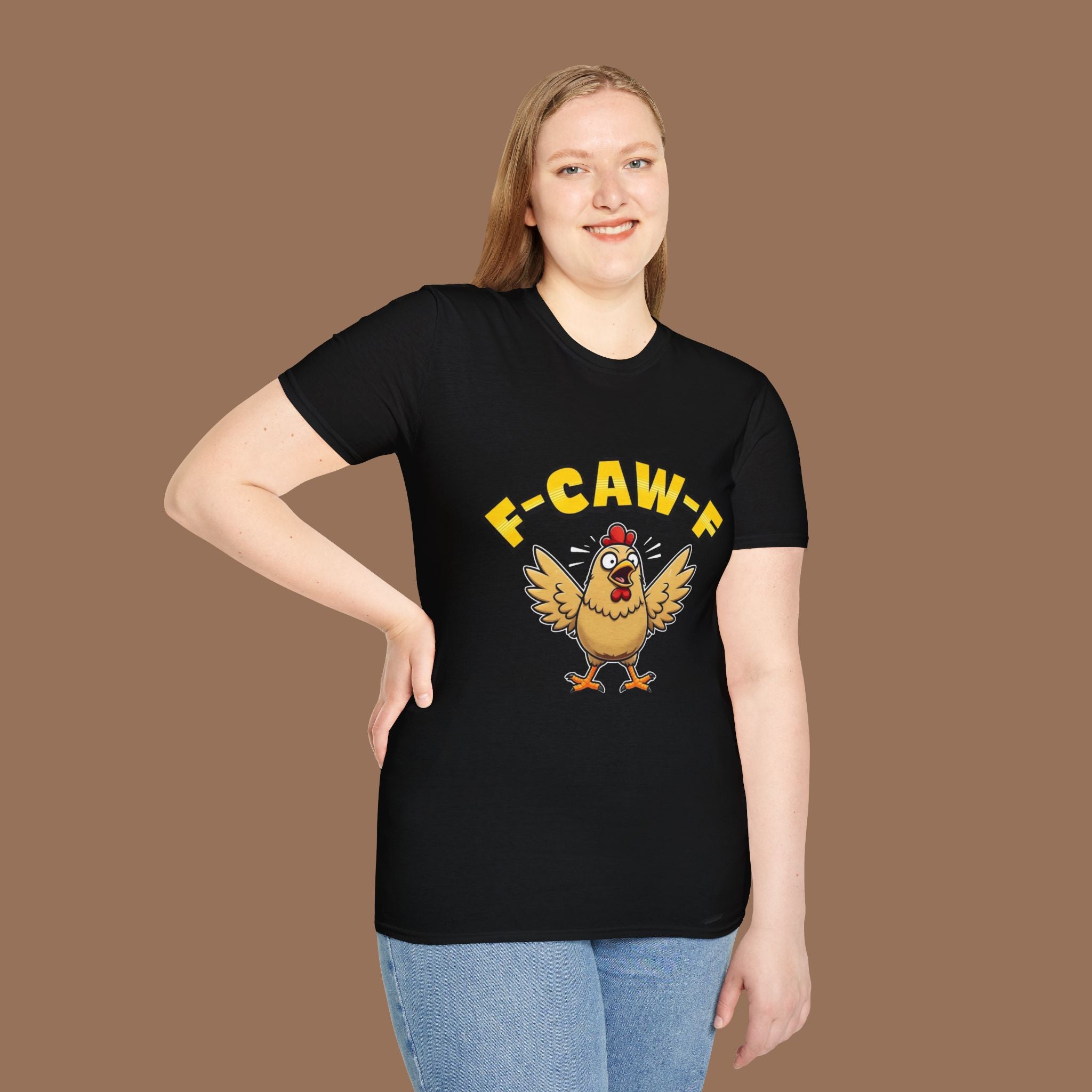 Funny Chicken F-Caw-F Unisex Softstyle T-Shirt, Gift for Poultry Lovers, Quirky Apparel, Hatch Party Tee, Humor Shirt, Farm Life Clothing - YOUSTOMIZE