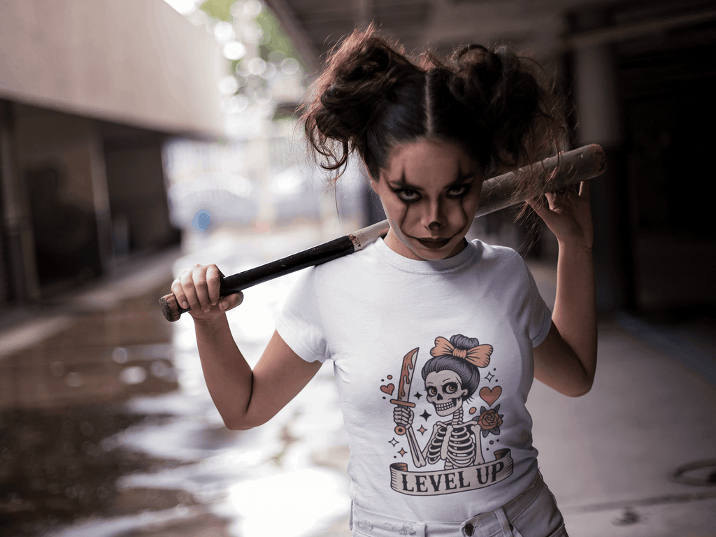 Level Up Skeleton Graphic Unisex Softstyle T-Shirt, Cute Halloween Tee, Gift for Gamers, Spooky Season Apparel, Goth Fashion Product vendor