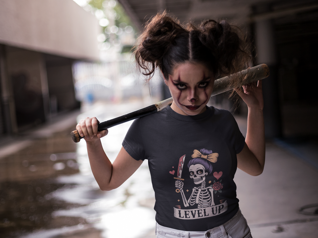 Level Up Skeleton Graphic Unisex Softstyle T-Shirt, Cute Halloween Tee, Gift for Gamers, Spooky Season Apparel, Goth Fashion Product vendor