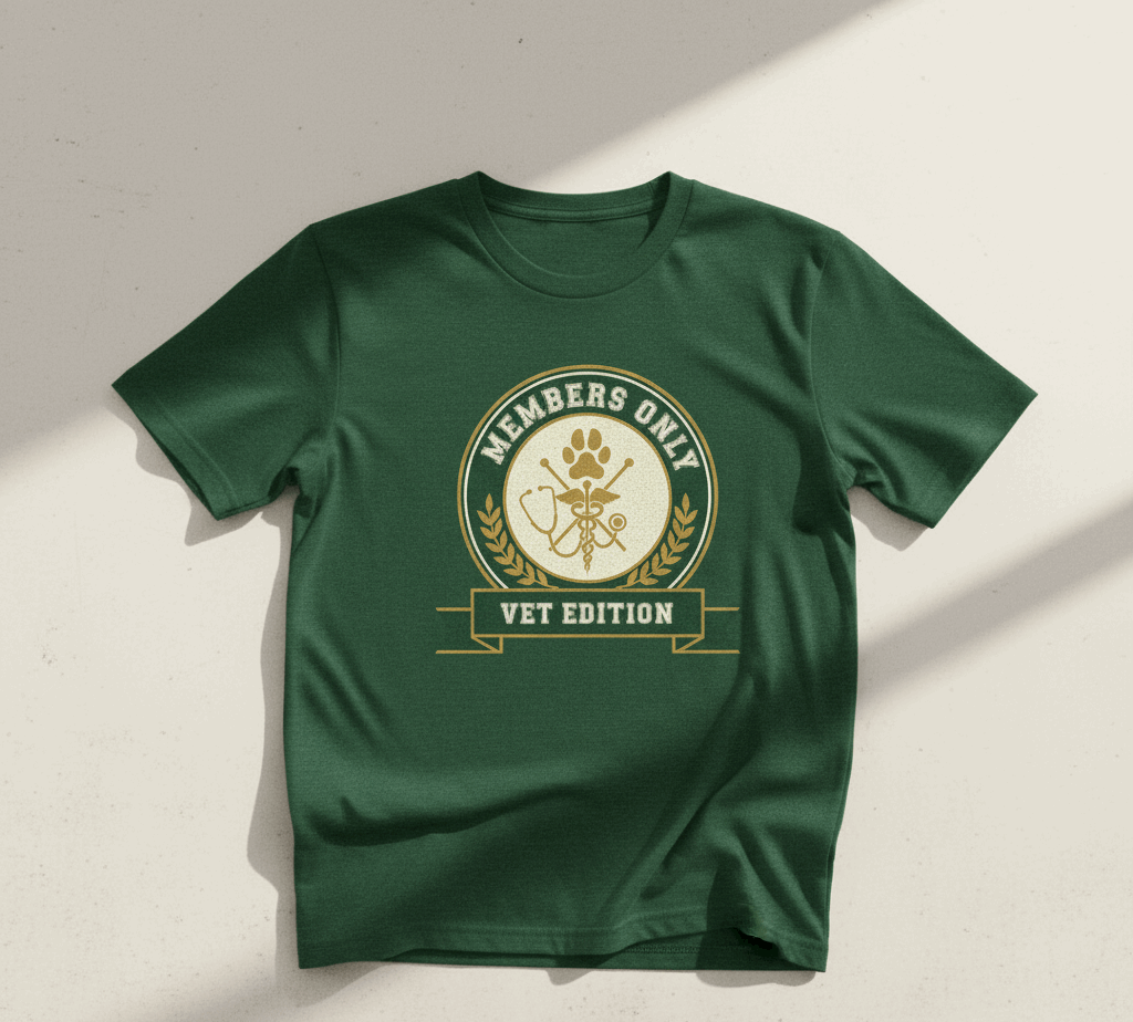 Retro Collegiate Vet Med T-Shirt - Members Only Vet Edition | Vintage Veterinary Stethoscope & Paw Print Crest
