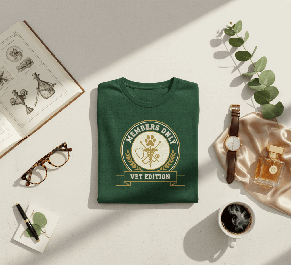 Retro Collegiate Vet Med T-Shirt - Members Only Vet Edition | Vintage Veterinary Stethoscope & Paw Print Crest