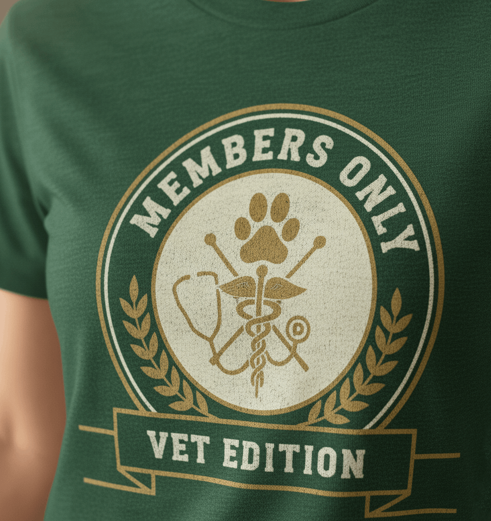 Retro Collegiate Vet Med T-Shirt - Members Only Vet Edition | Vintage Veterinary Stethoscope & Paw Print Crest
