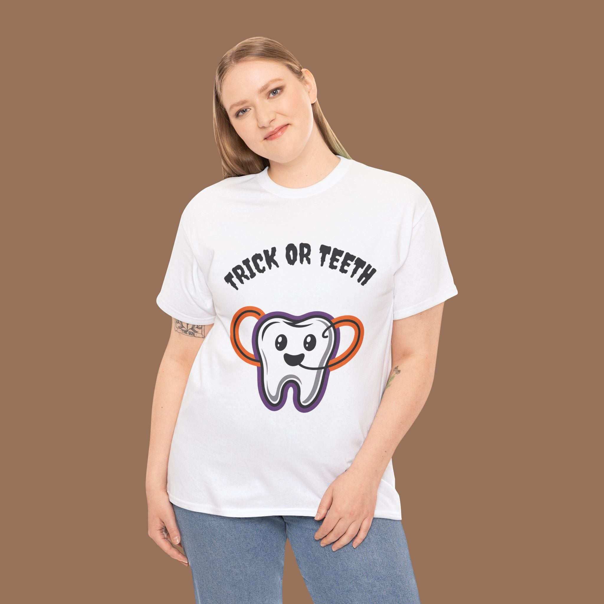Trick or Teeth Halloween Tee, Fun Unisex T-Shirt, Cute Tooth Graphic Shirt, Perfect for Halloween Party, Kids and Adults - YOUSTOMIZE