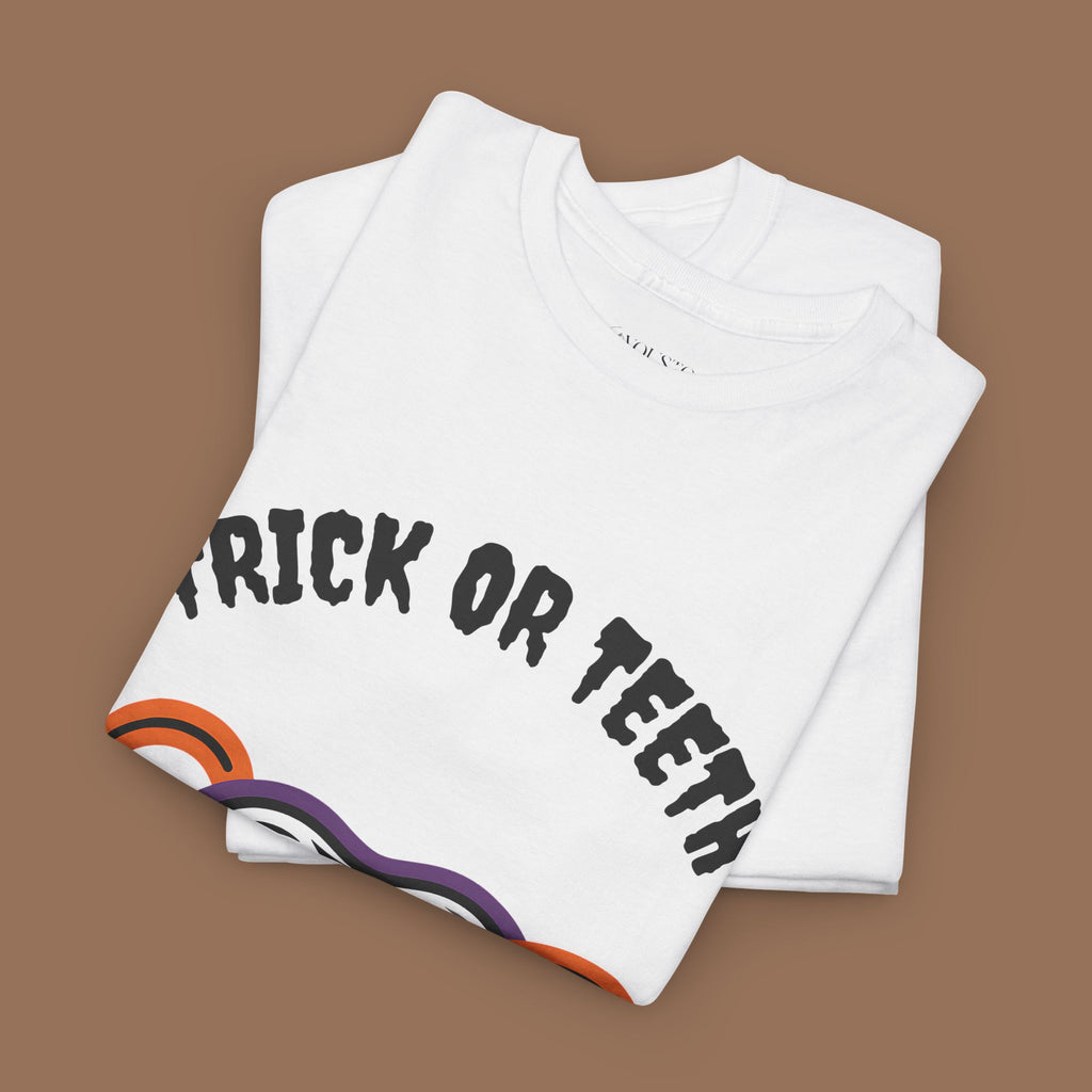 Trick or Teeth Halloween Tee, Fun Unisex T-Shirt, Cute Tooth Graphic Shirt, Perfect for Halloween Party, Kids and Adults - YOUSTOMIZE