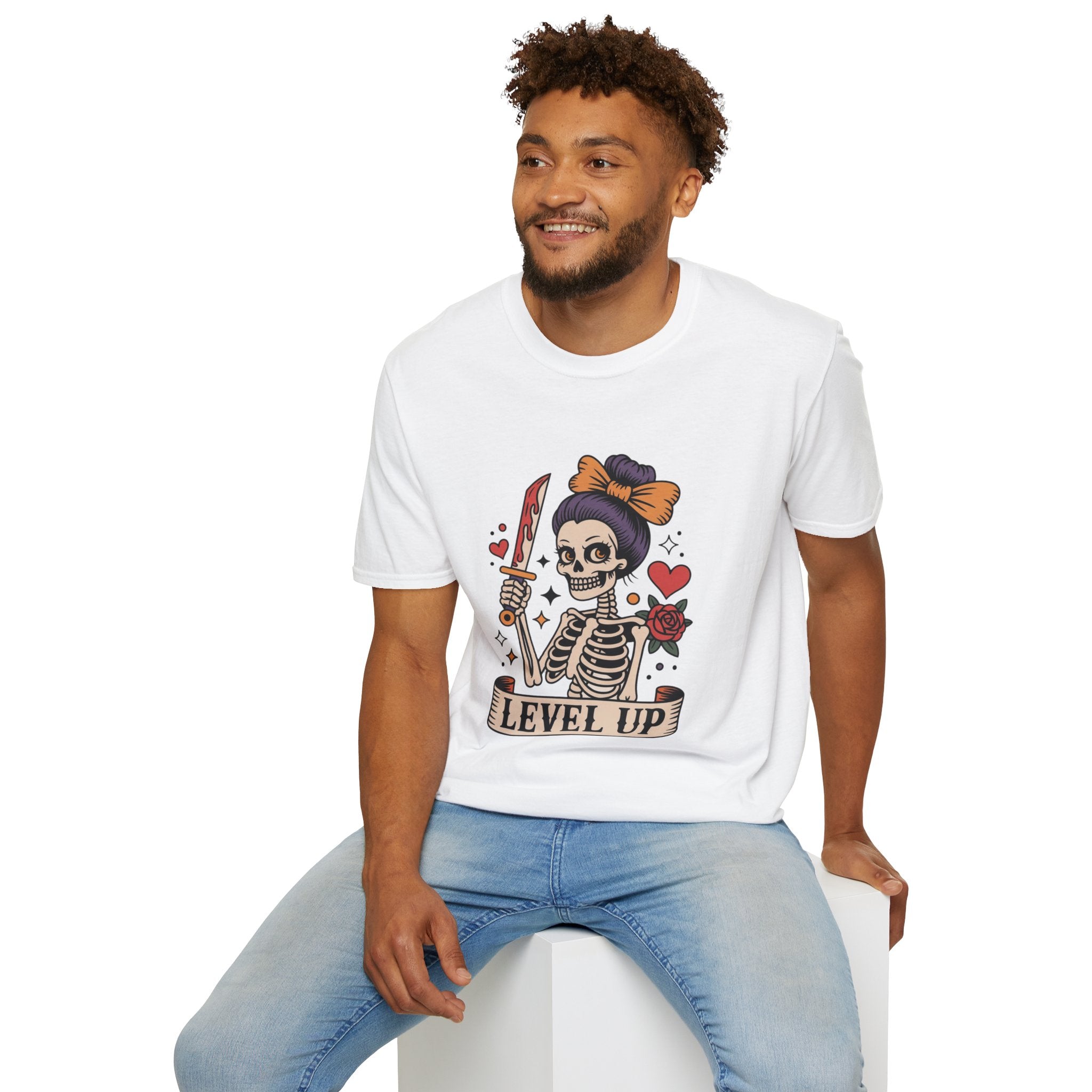 Level Up Skeleton Graphic Unisex Softstyle T-Shirt, Cute Halloween Tee, Gift for Gamers, Spooky Season Apparel, Goth Fashion Product vendor
