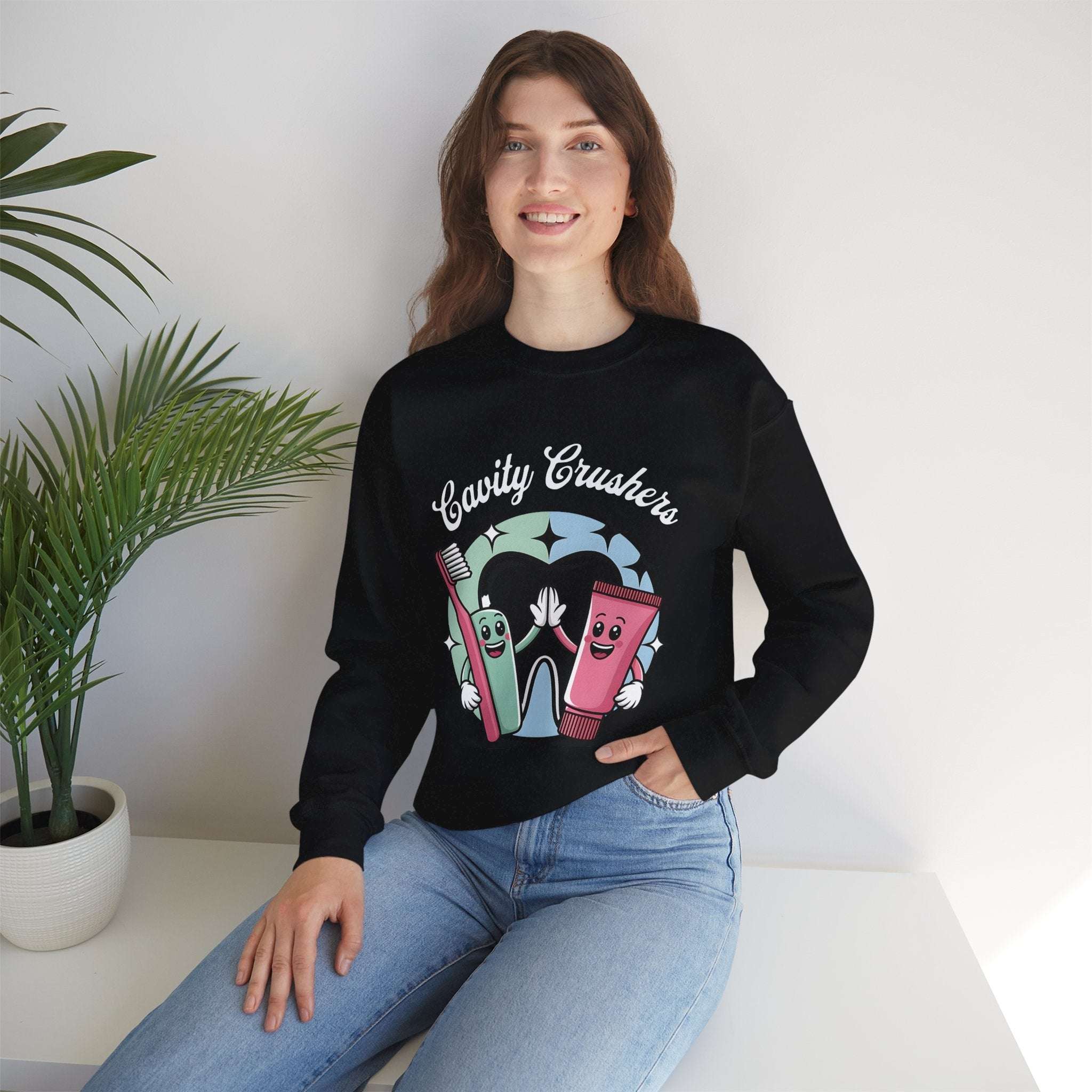 Cavity Crushers Crewneck Sweatshirt - Fun Dental Gift, Unisex Sweatshirt, Cute Graphic Pullover, Perfect for Kids and Adults Product vendor