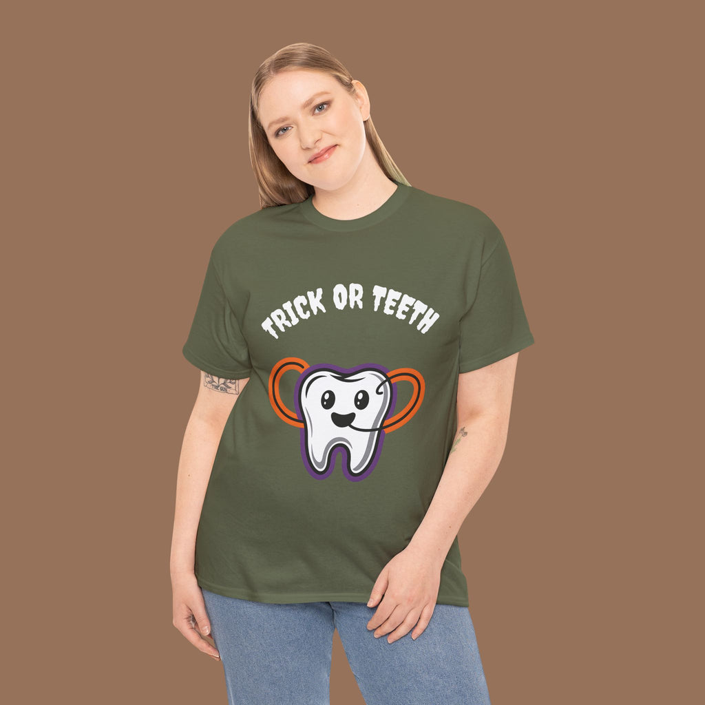 Trick or Teeth Halloween Tee, Fun Unisex T-Shirt, Cute Tooth Graphic Shirt, Perfect for Halloween Party, Kids and Adults - YOUSTOMIZE