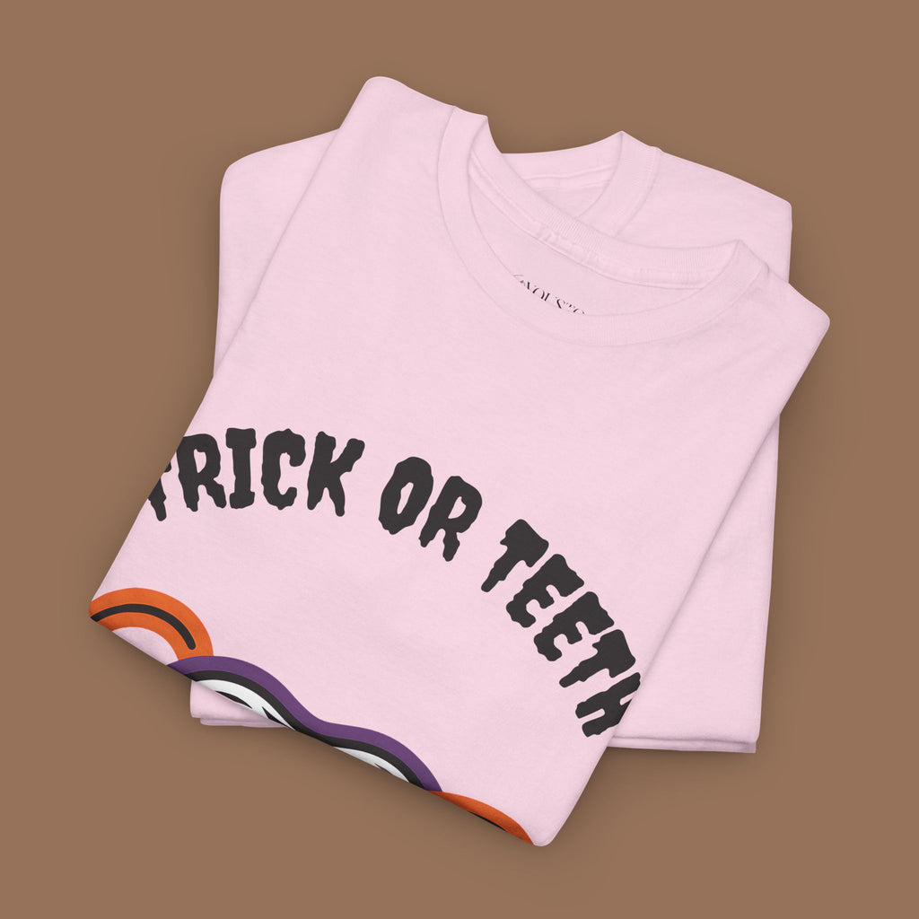 Trick or Teeth Halloween Tee, Fun Unisex T-Shirt, Cute Tooth Graphic Shirt, Perfect for Halloween Party, Kids and Adults - YOUSTOMIZE