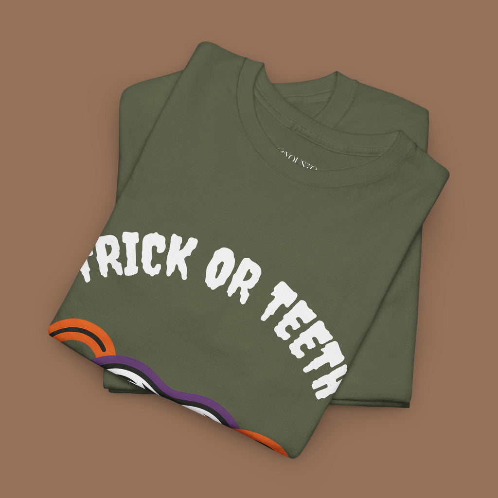 Trick or Teeth Halloween Tee, Fun Unisex T-Shirt, Cute Tooth Graphic Shirt, Perfect for Halloween Party, Kids and Adults - YOUSTOMIZE