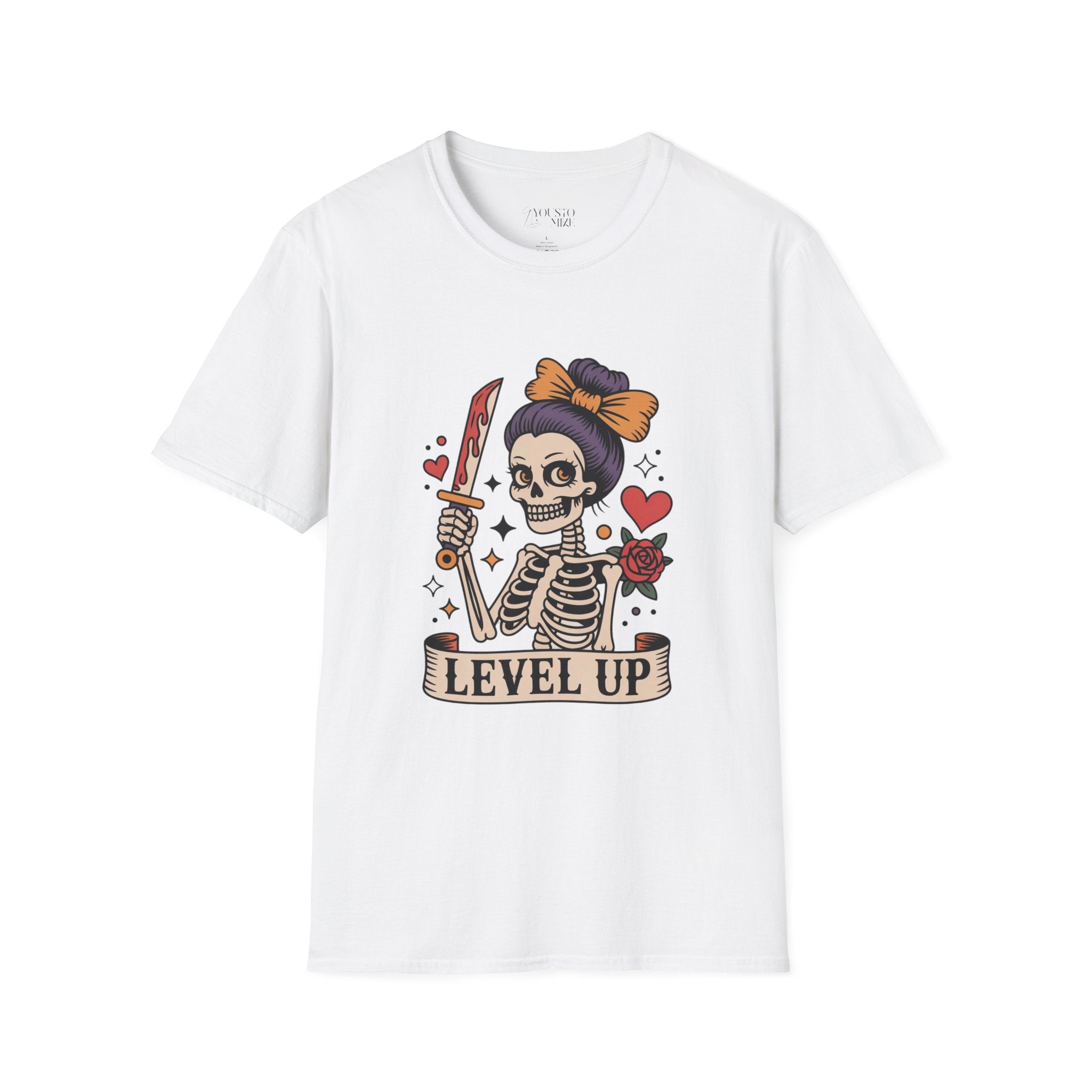 Level Up Skeleton Graphic Unisex Softstyle T-Shirt, Cute Halloween Tee, Gift for Gamers, Spooky Season Apparel, Goth Fashion Product vendor