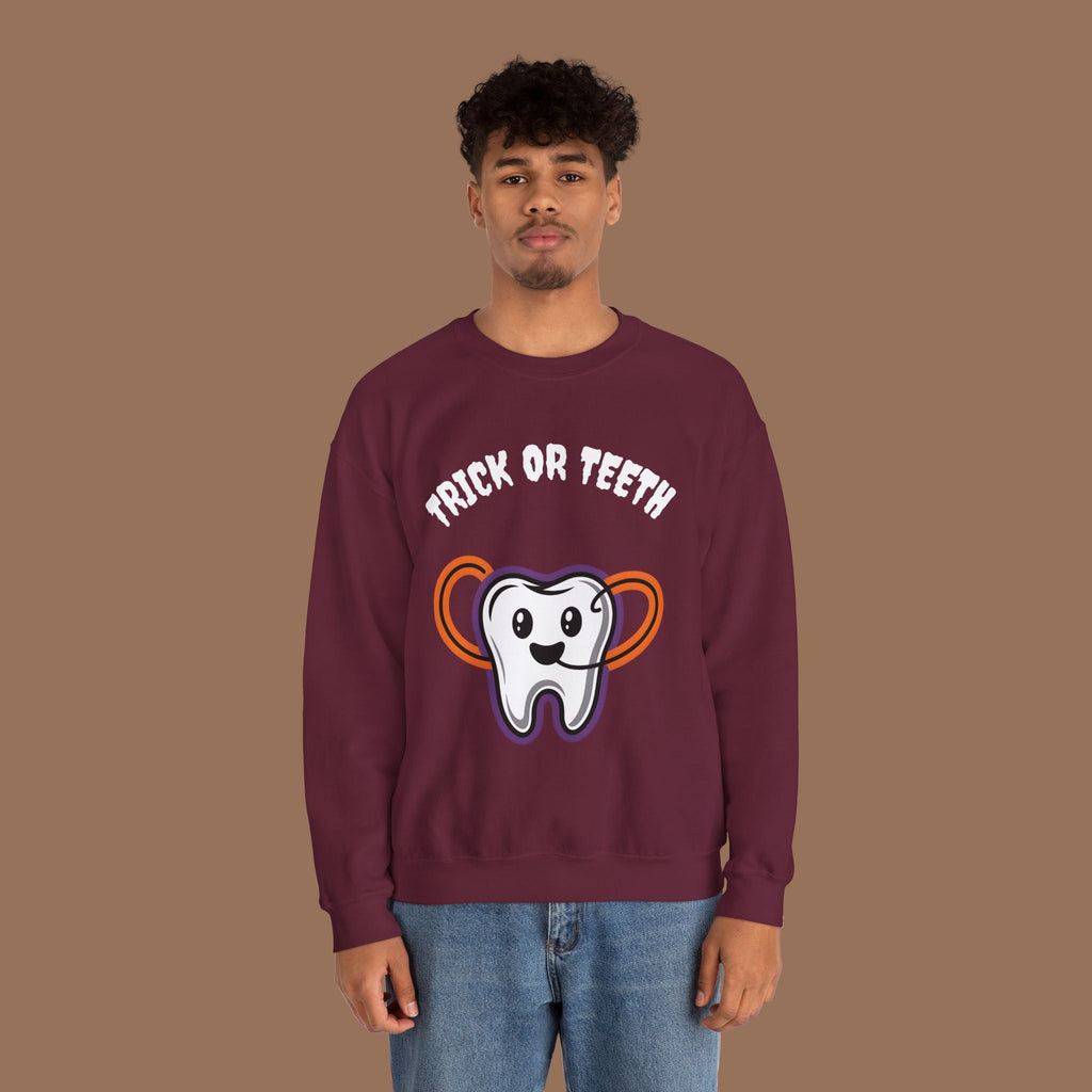 Halloween Sweatshirt with Trick or Teeth Design, Funny Fall Apparel, Unisex Cozy Wear, Perfect for Halloween Parties, Gift for Dental Lovers Product vendor
