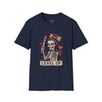 Level Up Skeleton Graphic Unisex Softstyle T-Shirt, Cute Halloween Tee, Gift for Gamers, Spooky Season Apparel, Goth Fashion Product vendor
