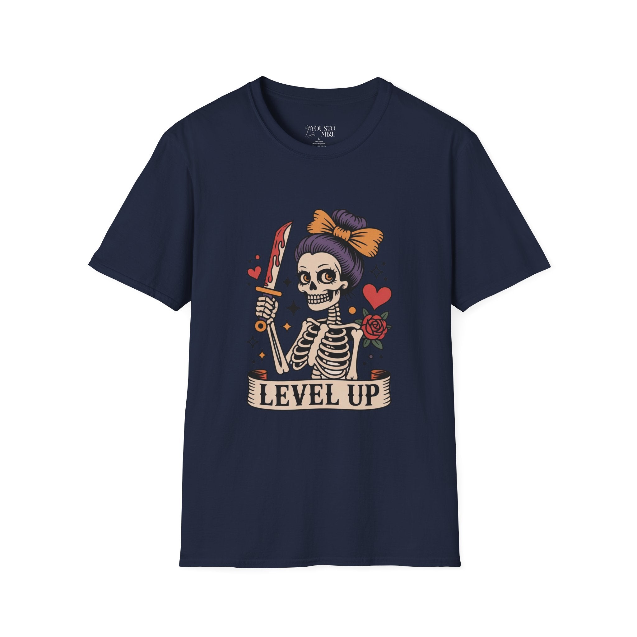 Level Up Skeleton Graphic Unisex Softstyle T-Shirt, Cute Halloween Tee, Gift for Gamers, Spooky Season Apparel, Goth Fashion Product vendor
