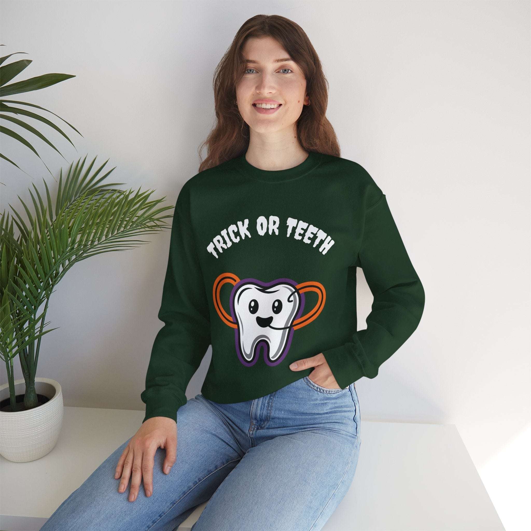 Halloween Sweatshirt with Trick or Teeth Design, Funny Fall Apparel, Unisex Cozy Wear, Perfect for Halloween Parties, Gift for Dental Lovers Product vendor