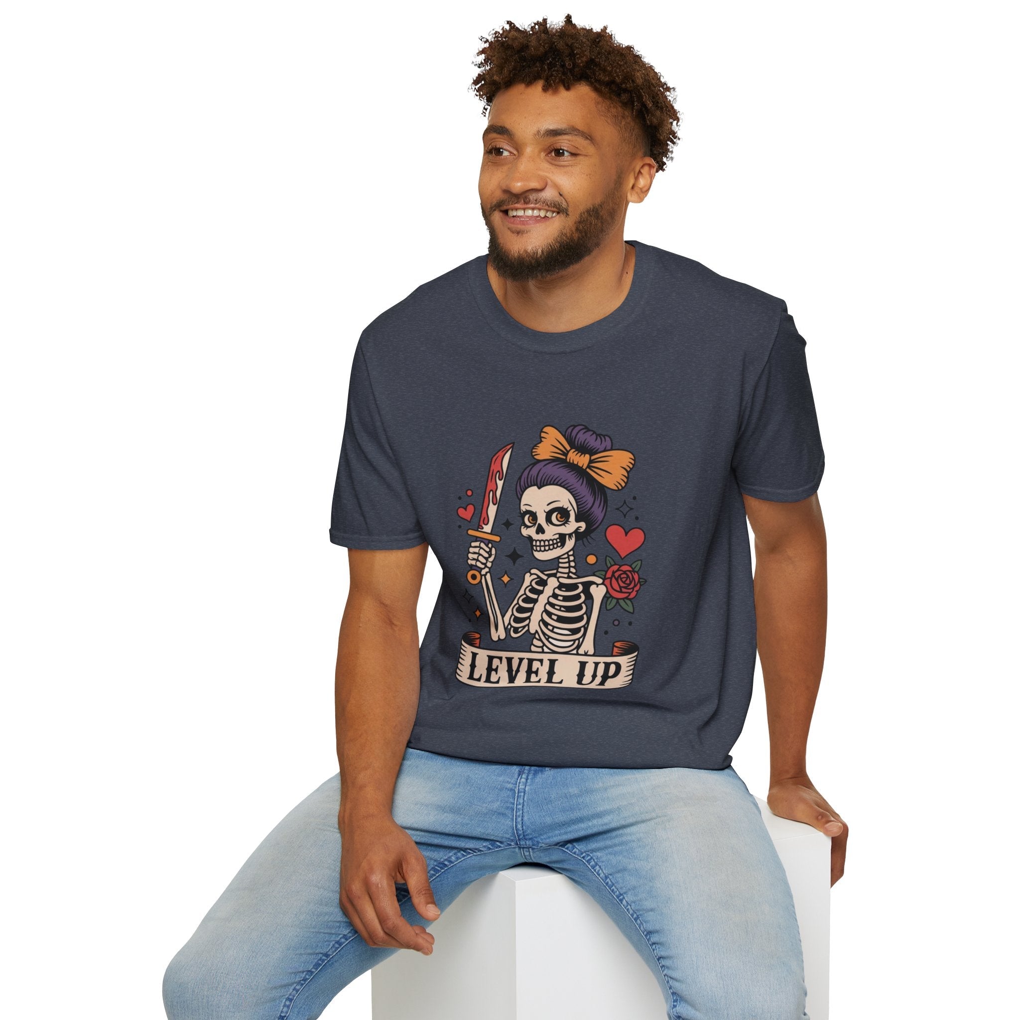 Level Up Skeleton Graphic Unisex Softstyle T-Shirt, Cute Halloween Tee, Gift for Gamers, Spooky Season Apparel, Goth Fashion Product vendor