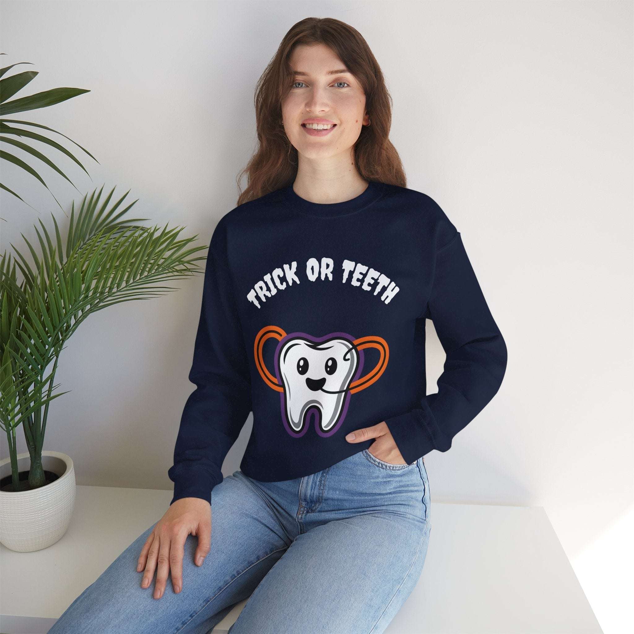 Halloween Sweatshirt with Trick or Teeth Design, Funny Fall Apparel, Unisex Cozy Wear, Perfect for Halloween Parties, Gift for Dental Lovers Product vendor