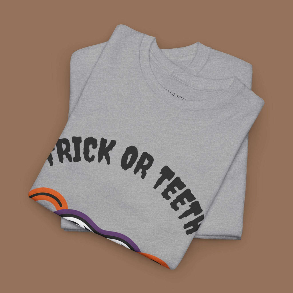 Trick or Teeth Halloween Tee, Fun Unisex T-Shirt, Cute Tooth Graphic Shirt, Perfect for Halloween Party, Kids and Adults - YOUSTOMIZE