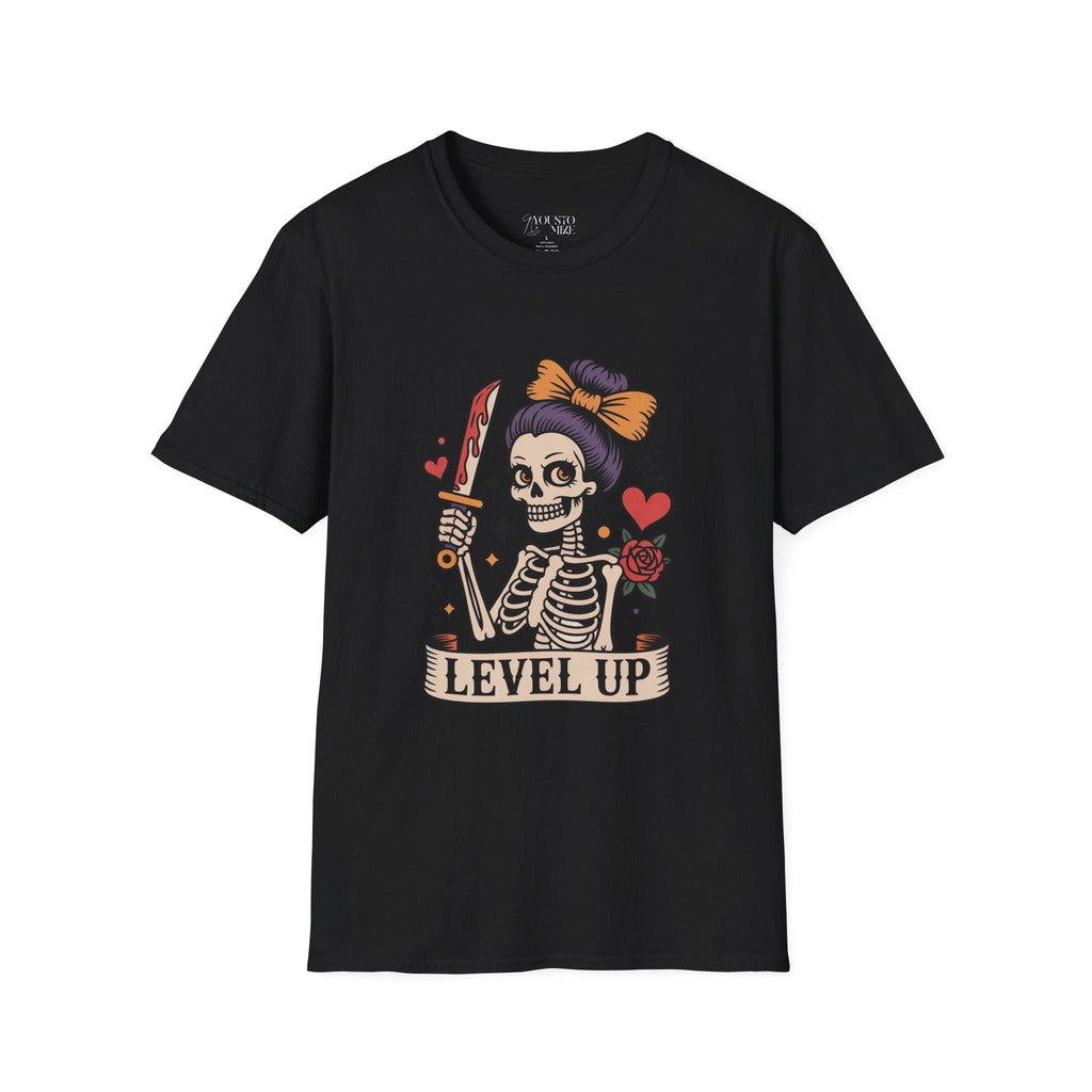 Level Up Skeleton Graphic T-Shirt, Cute Halloween Tee, Gift for Gamers, Spooky Season, Goth Fashion Product vendor