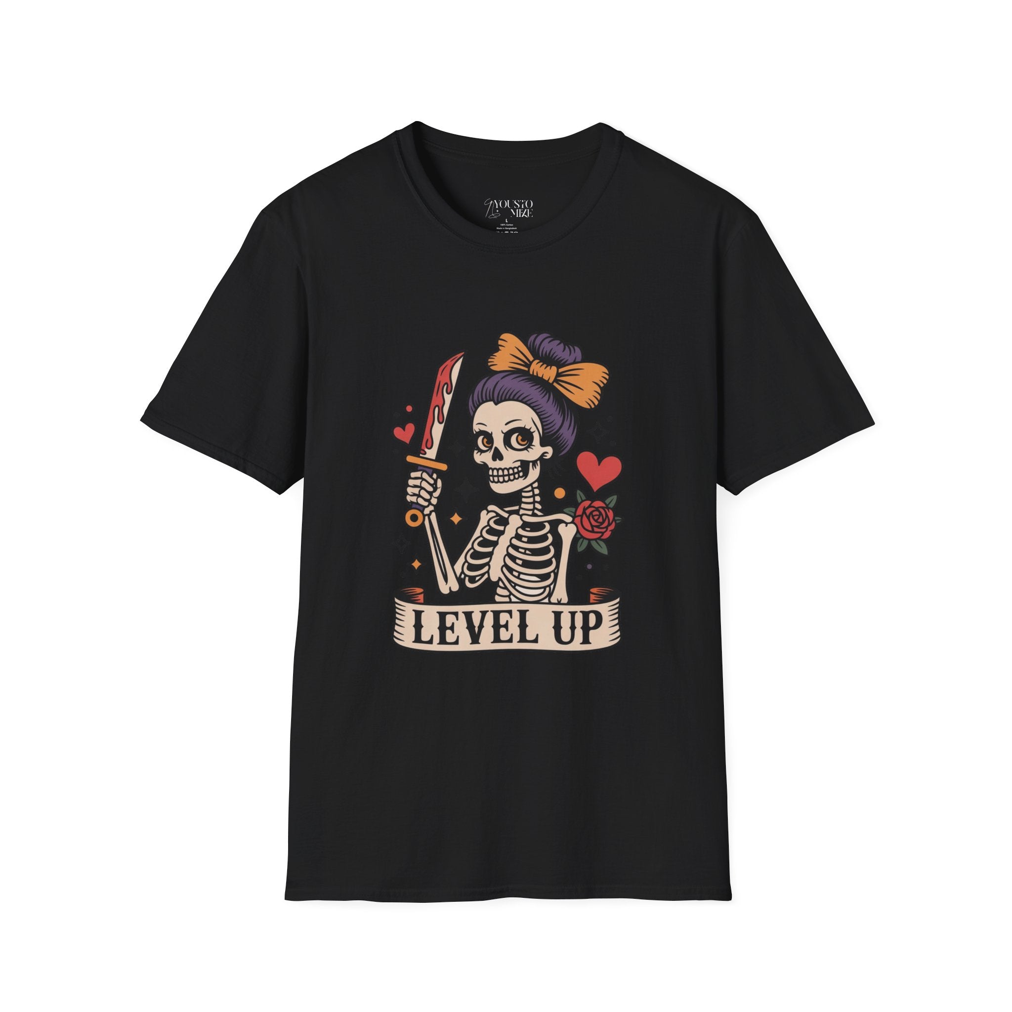 Level Up Skeleton Graphic Unisex Softstyle T-Shirt, Cute Halloween Tee, Gift for Gamers, Spooky Season Apparel, Goth Fashion Product vendor