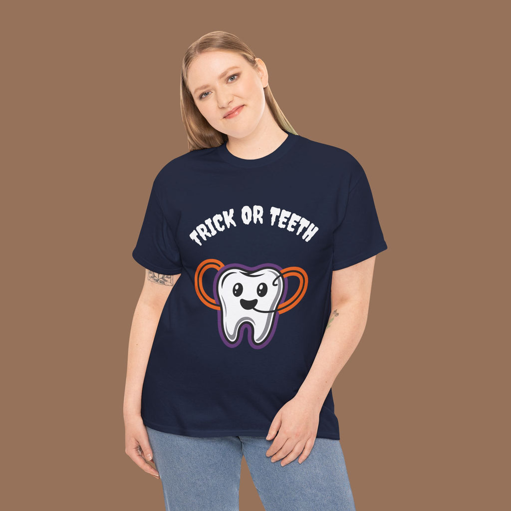 Trick or Teeth Halloween Tee, Fun Unisex T-Shirt, Cute Tooth Graphic Shirt, Perfect for Halloween Party, Kids and Adults - YOUSTOMIZE