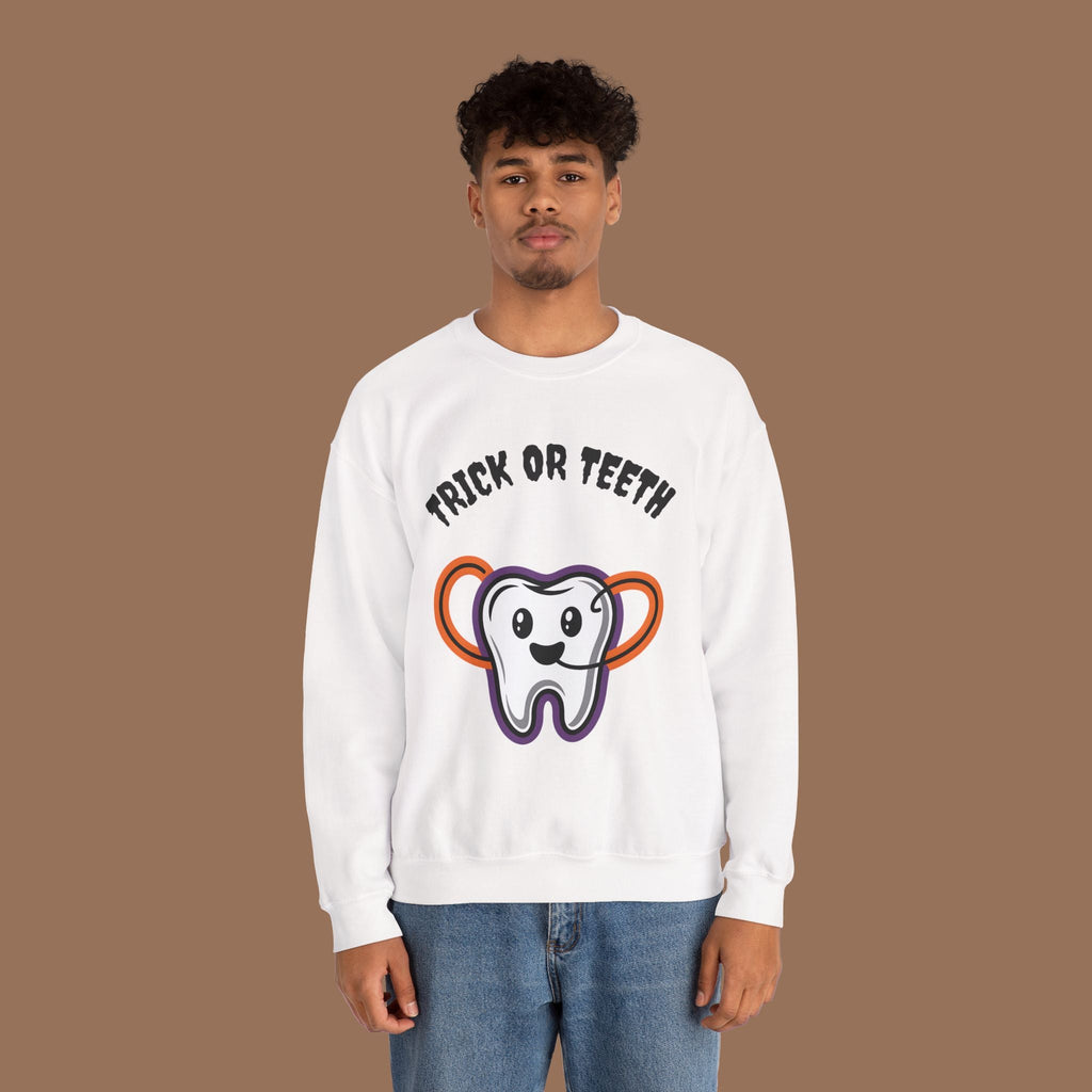 Halloween Sweatshirt with Trick or Teeth Design, Funny Fall Apparel, Unisex Cozy Wear, Perfect for Halloween Parties, Gift for Dental Lovers Product vendor