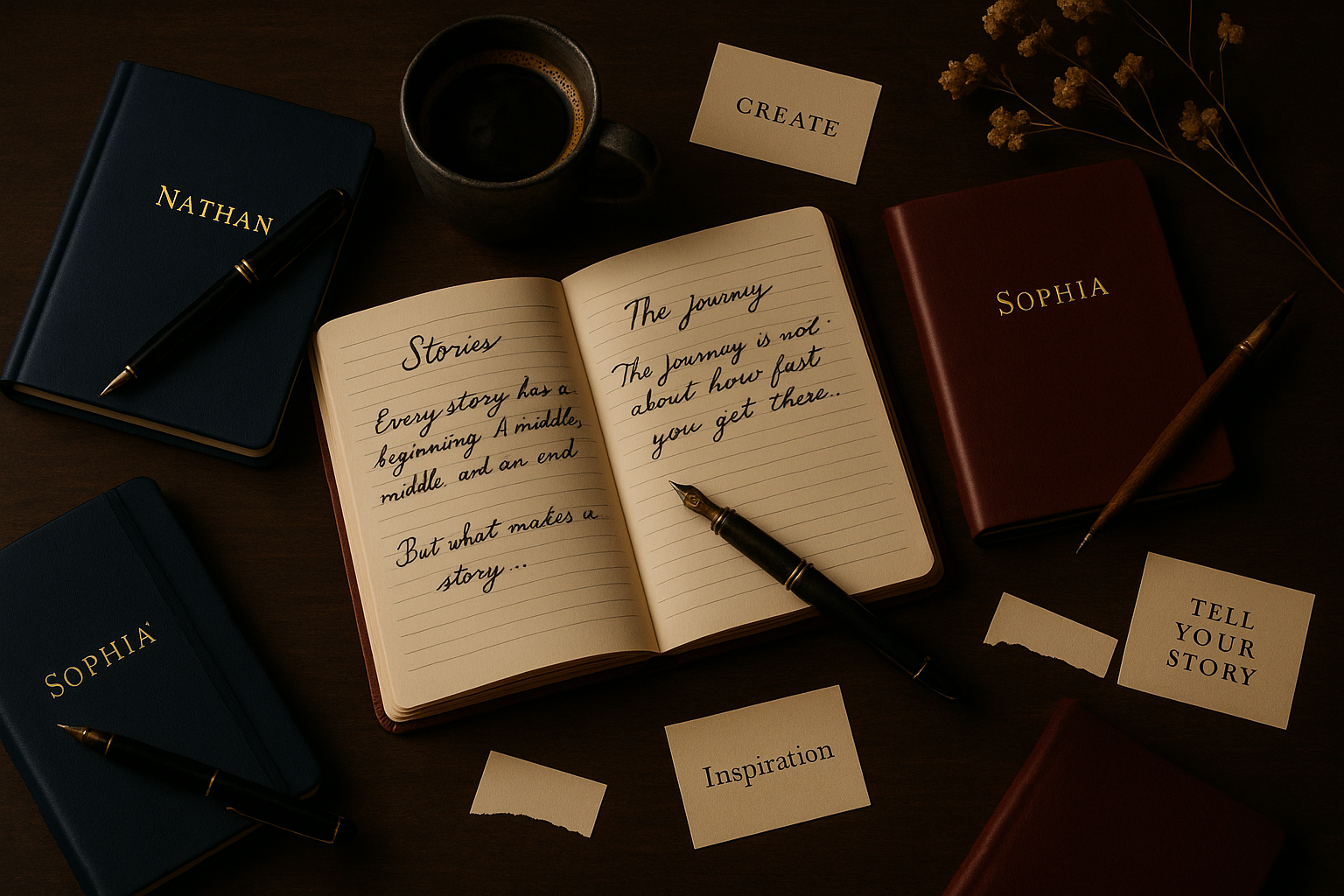 Premium blog banner with open notebooks and storytelling elements